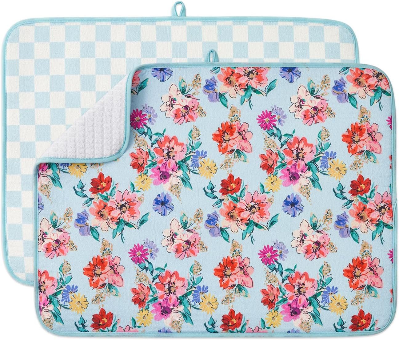 FRESHMINT Dish Drying Mats 2 Pack, 18″x24″, Checkerboard Floral | Quick Dry, Ultra Absorbent, Microfiber, Washable & Reusable, Countertop Protector, Extra Large, Sink Mats