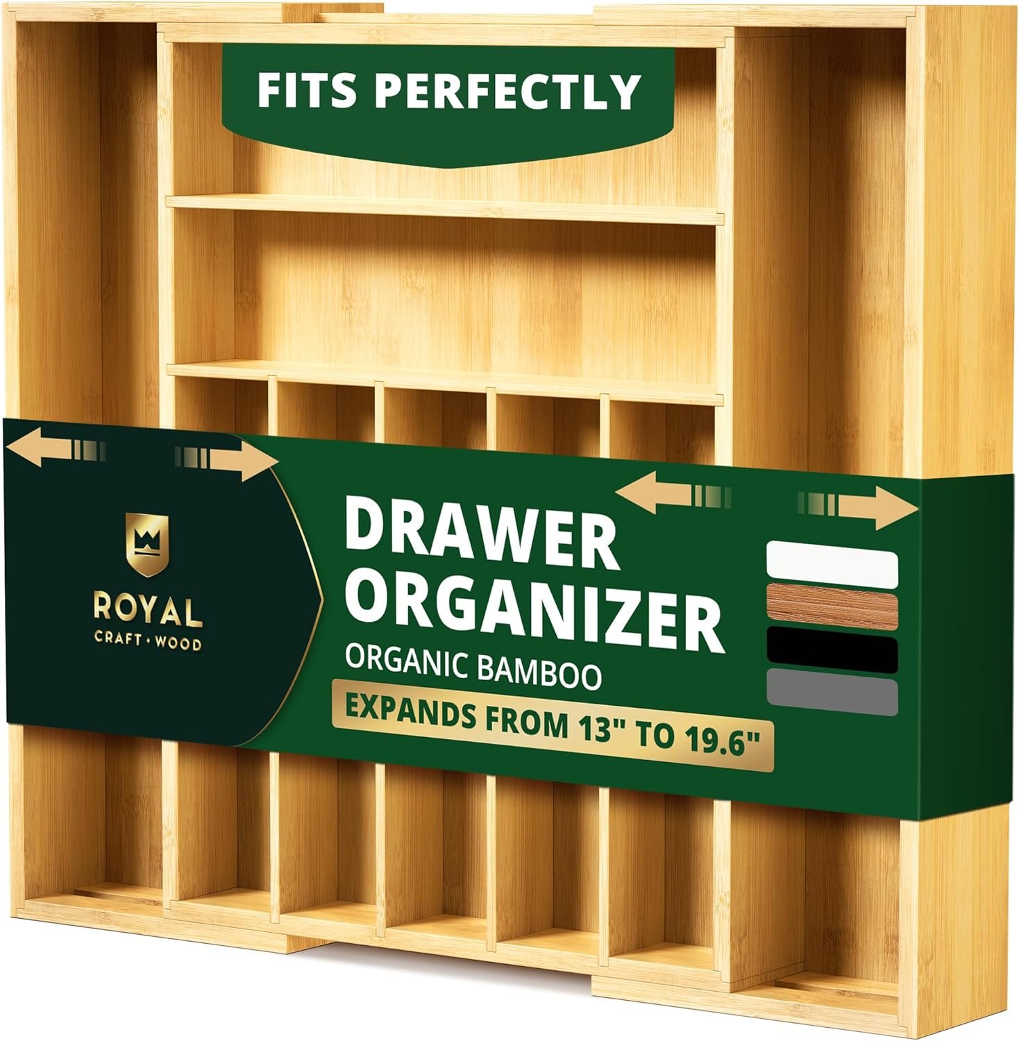 ROYAL CRAFT WOOD Luxury Bamboo Kitchen Drawer Organizer – Silverware Organizer, Utensil Holder & Cutlery Tray Drawer Dividers for Flatware (9 Slot, Natural)