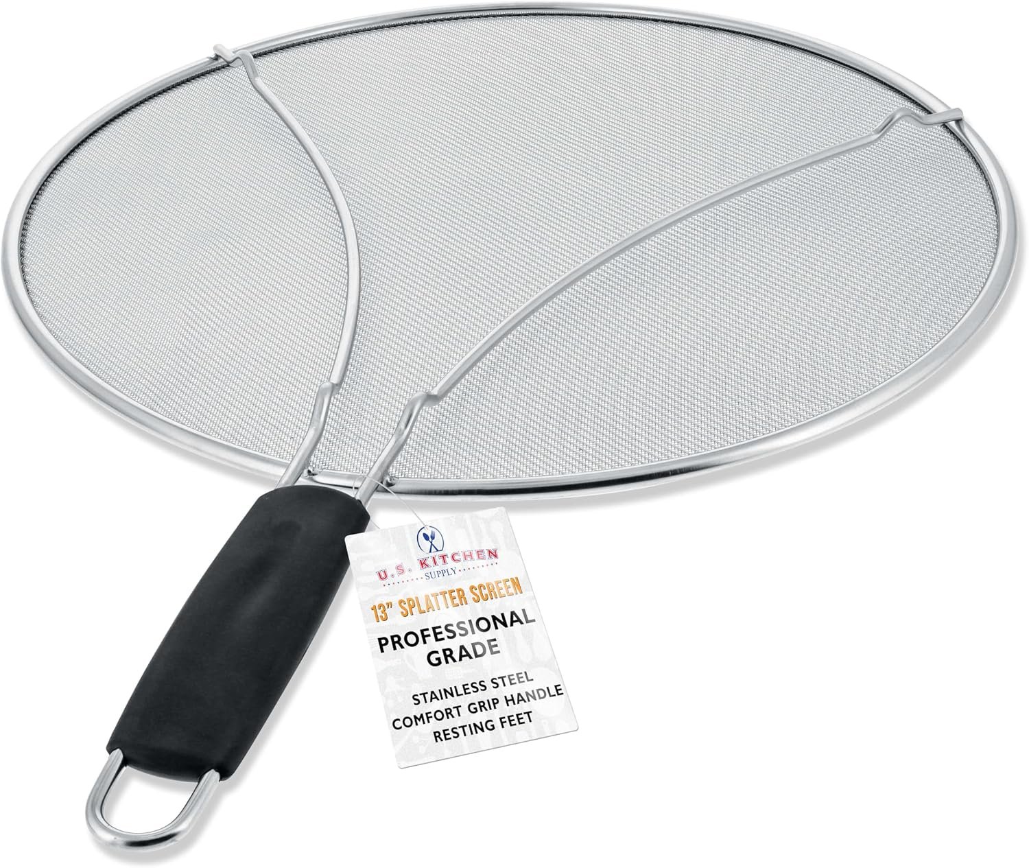 U.S. Kitchen Supply Stainless Steel Splatter Guard 13″ Fine Mesh Cover, Grease & Oil, Splatter Screen for Frying Pan, Cooking Pots, with Resting Feet & Comfort Grip Handle
