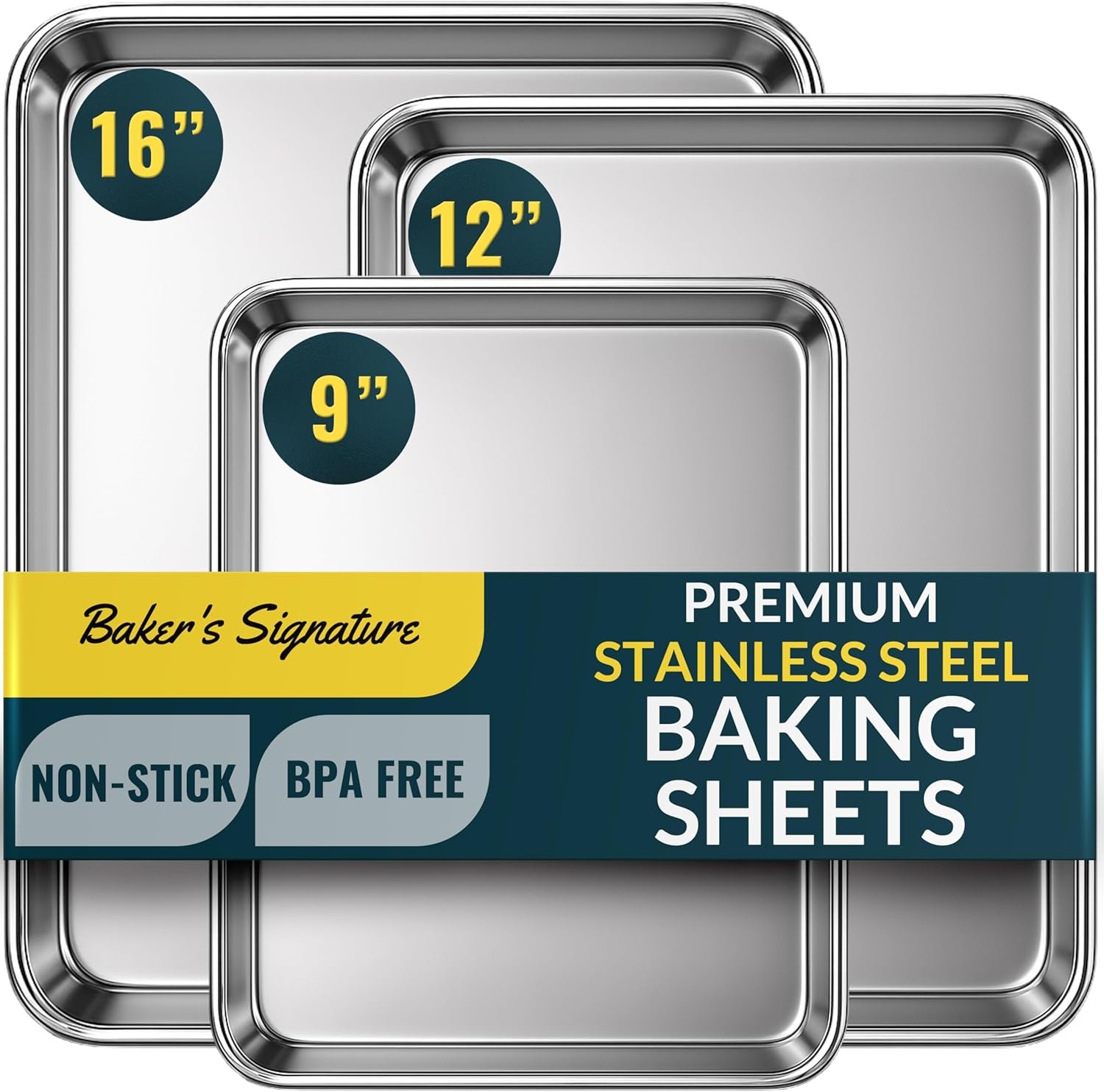 Stainless Steel Cookie Sheet Set of 3, 9/12/16″ Baking Sheet Pans | Baking Set of 3, Mirror Finish, Non-Stick, Rust Resistant, BPA Free, Dishwasher Safe, 9/12/16″