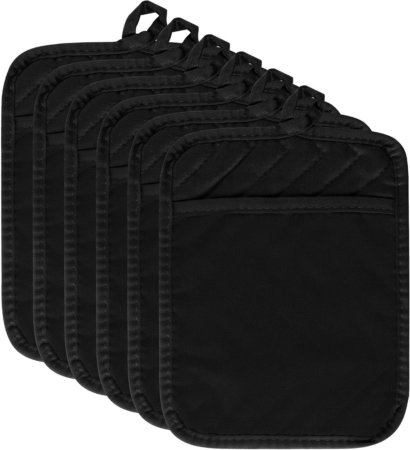 R HORSE 6Pcs Black Pot Holders with Pocket for Kitchen, 7”x 9” | Cotton Potholders, Heat Resistant Oven Mitts, Non-slip Terry Cloth Trivet, Ideal for Baking Cooking, Machine Wash