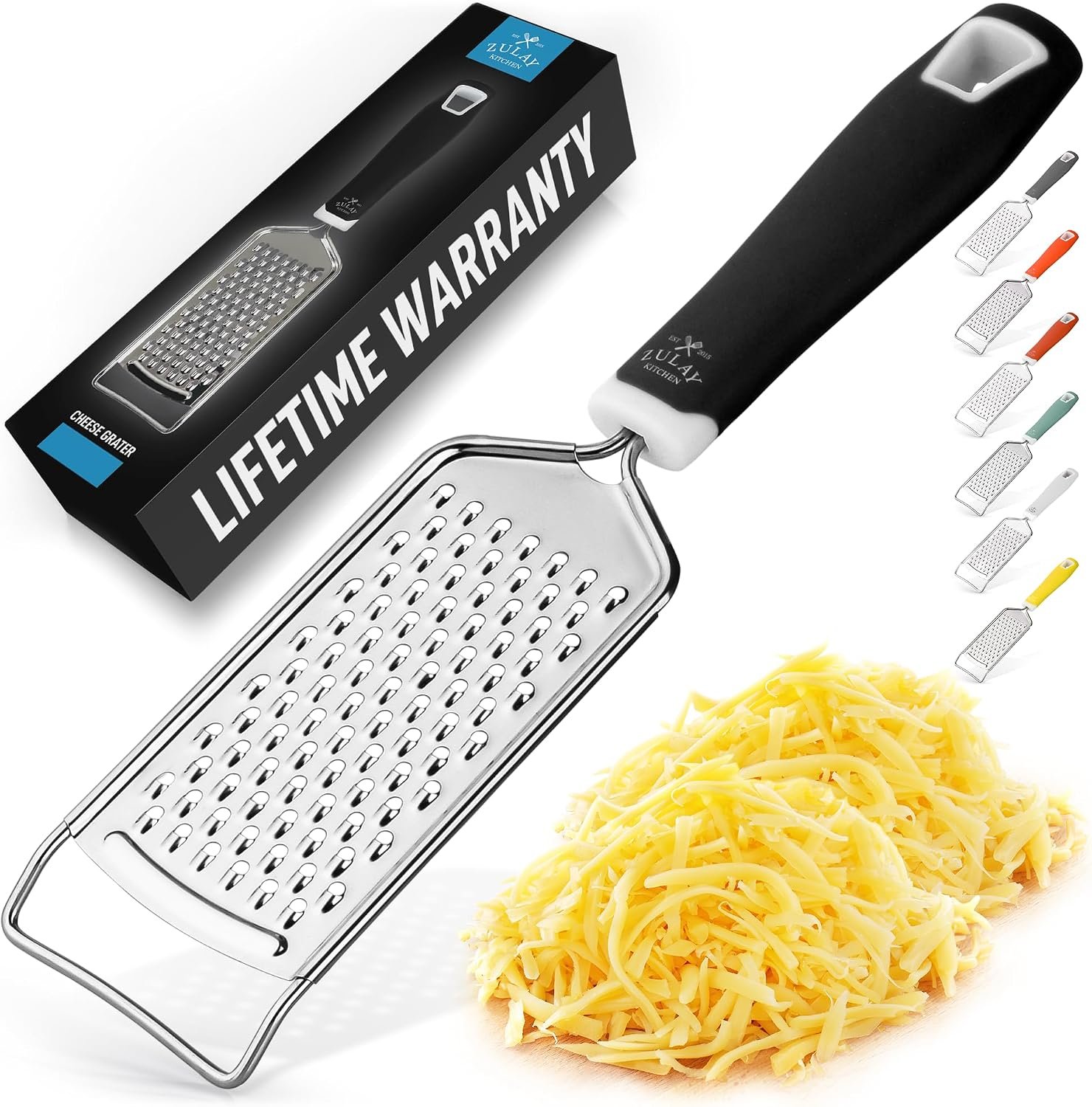 Zulay Kitchen Professional Cheese Grater Stainless Steel – Durable Rust-Proof Metal Lemon Zester Grater With Handle – Flat Handheld Grater For Cheese, Chocolate, Spices, And More – Black