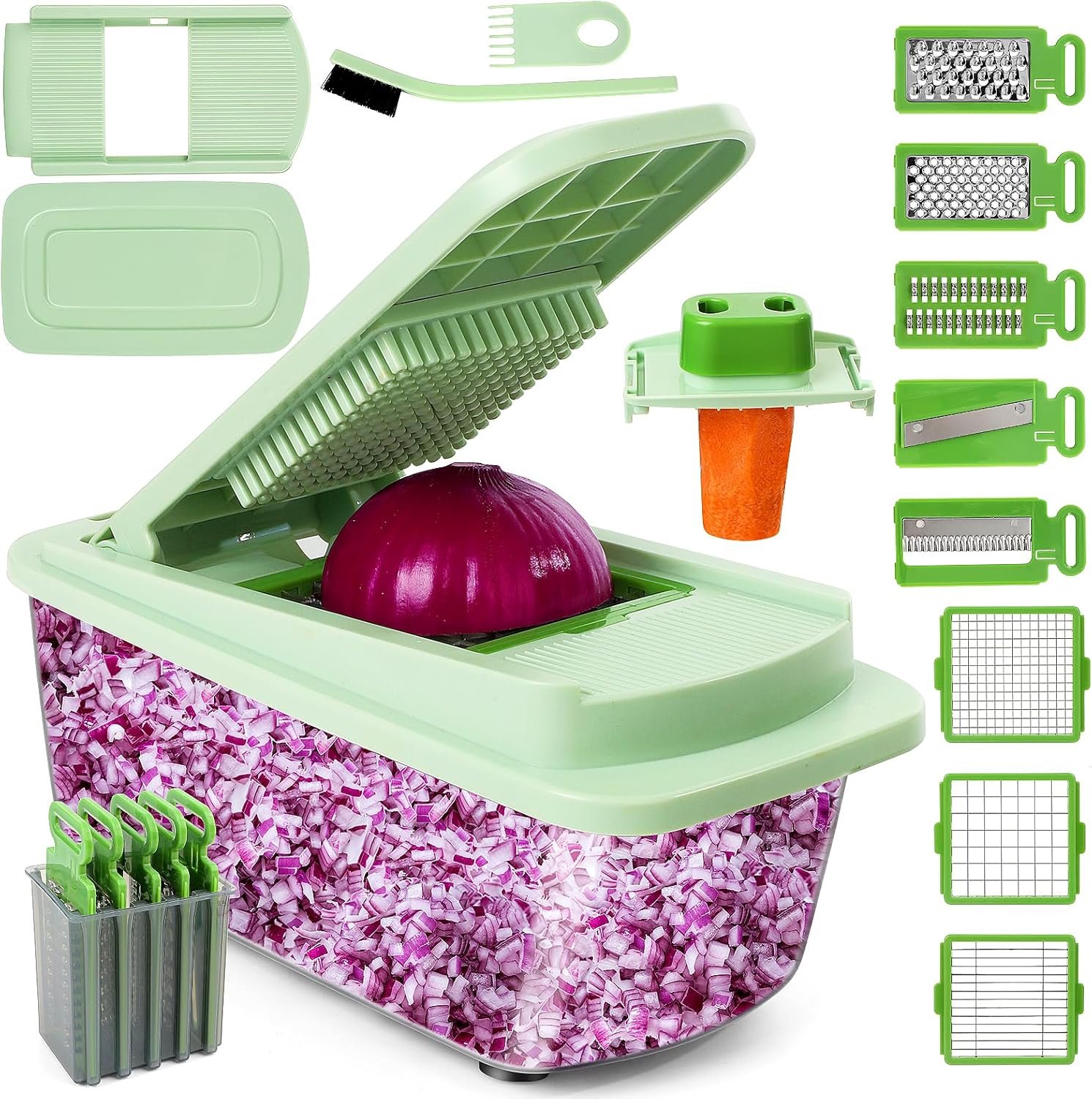 Vegetable Chopper, 16-in-1 Mandoline Slicer Dicer Grater Spiralizer with Container, 8 Stainless Steel Blades for Onion Salad Salsa Meal Prep