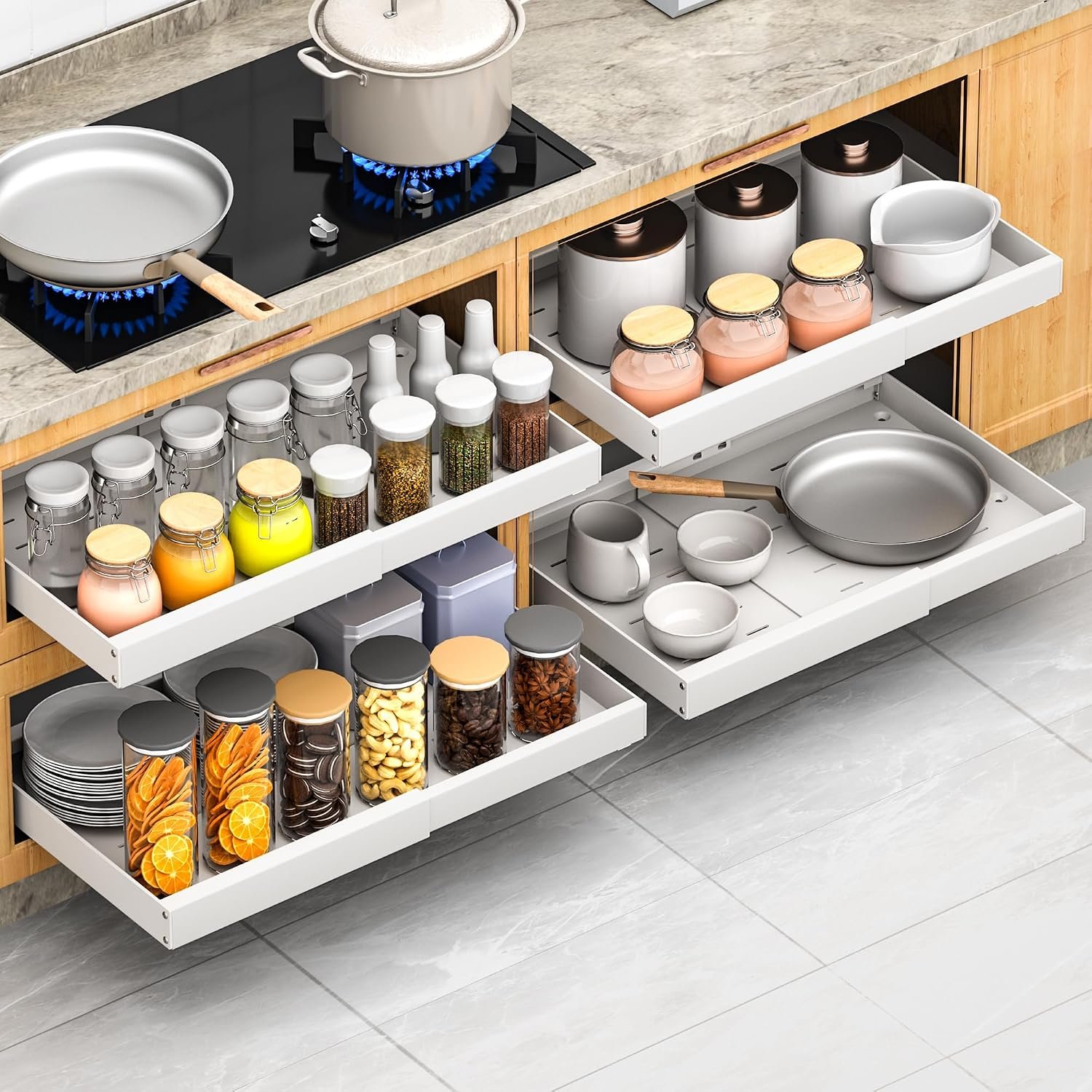 4 Pack Pull Out Cabinet Organizer Expandable, 21″ Deep | Pull Out Drawers for Cabinets with Adjustable width from 12.6″ to 21″ Sliding Drawers for Cabinets with Heightening Pad No Drill for Kitchen