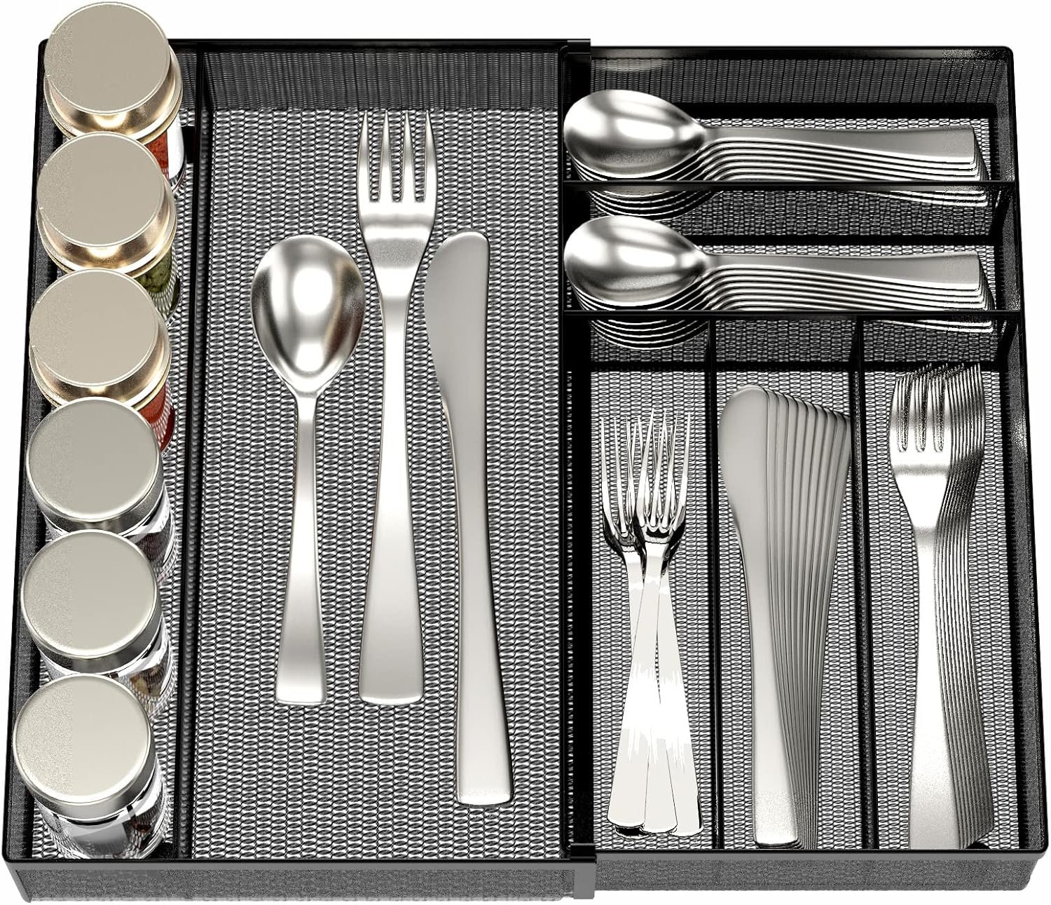 JANE EYRE Utensil Drawer Organizer – Expandable Cutlery Tray, Silverware/Flatware Storage Divider for Kitchen, Mesh Designing with Non-slip Rubber Feet (black)