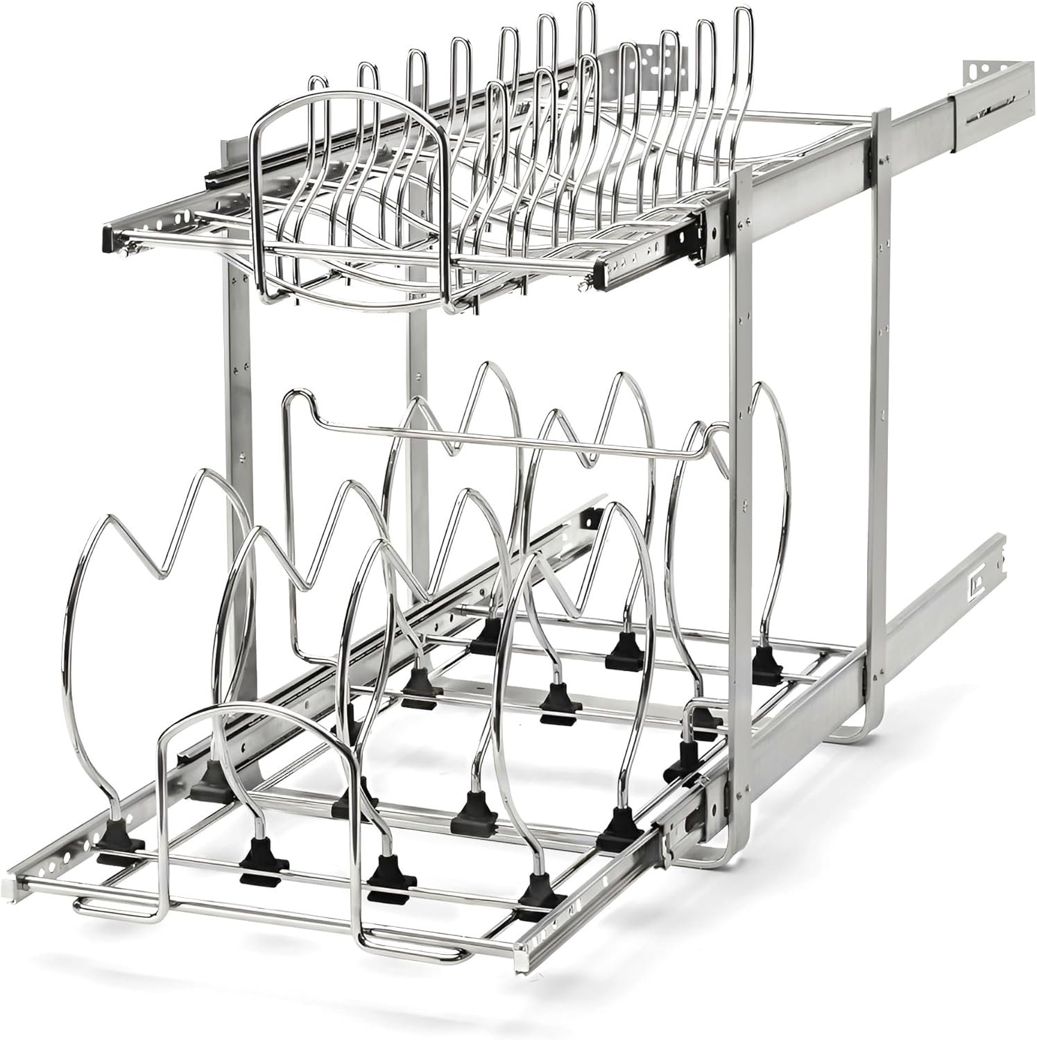 Rev-A-Shelf Dual Kitchen Cabinet Pullout Organizer, Min Open Width of 11.5″ | 2-Tier U-Shaped Cookware Storage Rack for Pots, Pans, and Lid Cookware, Adjustable Heavy Duty Wire, Chrome, 5CW2-1222-CR