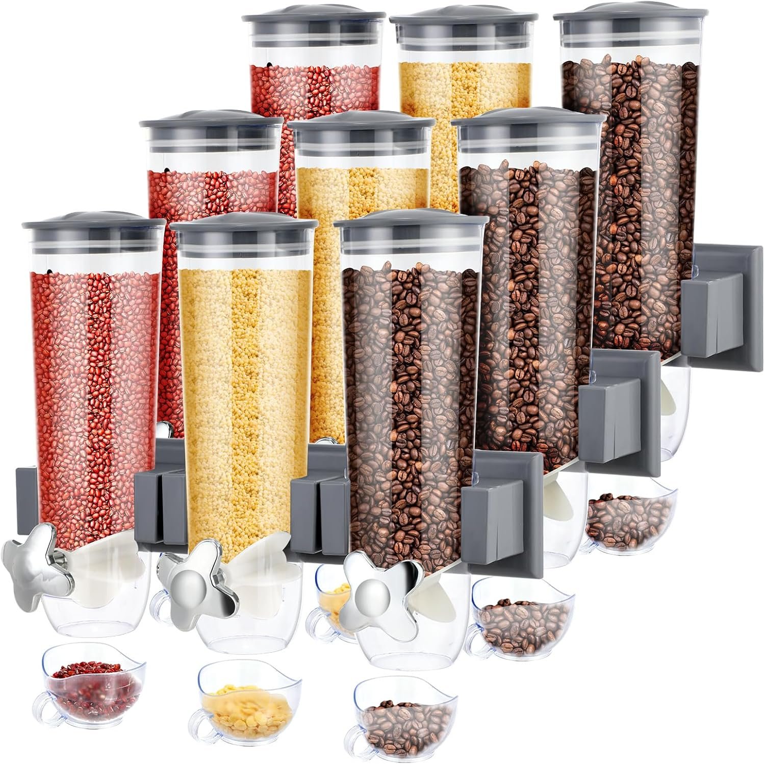 Triple Food Dispenser – 3 Set Easy To Use Dry Food Dispenser for Candy, Nuts, Rice, Granola, Cereal – Dispensing 1 Oz Per Twist And Preserving Freshness For Fun, Easy Serving.5.4 L (Each Set)(Gray)