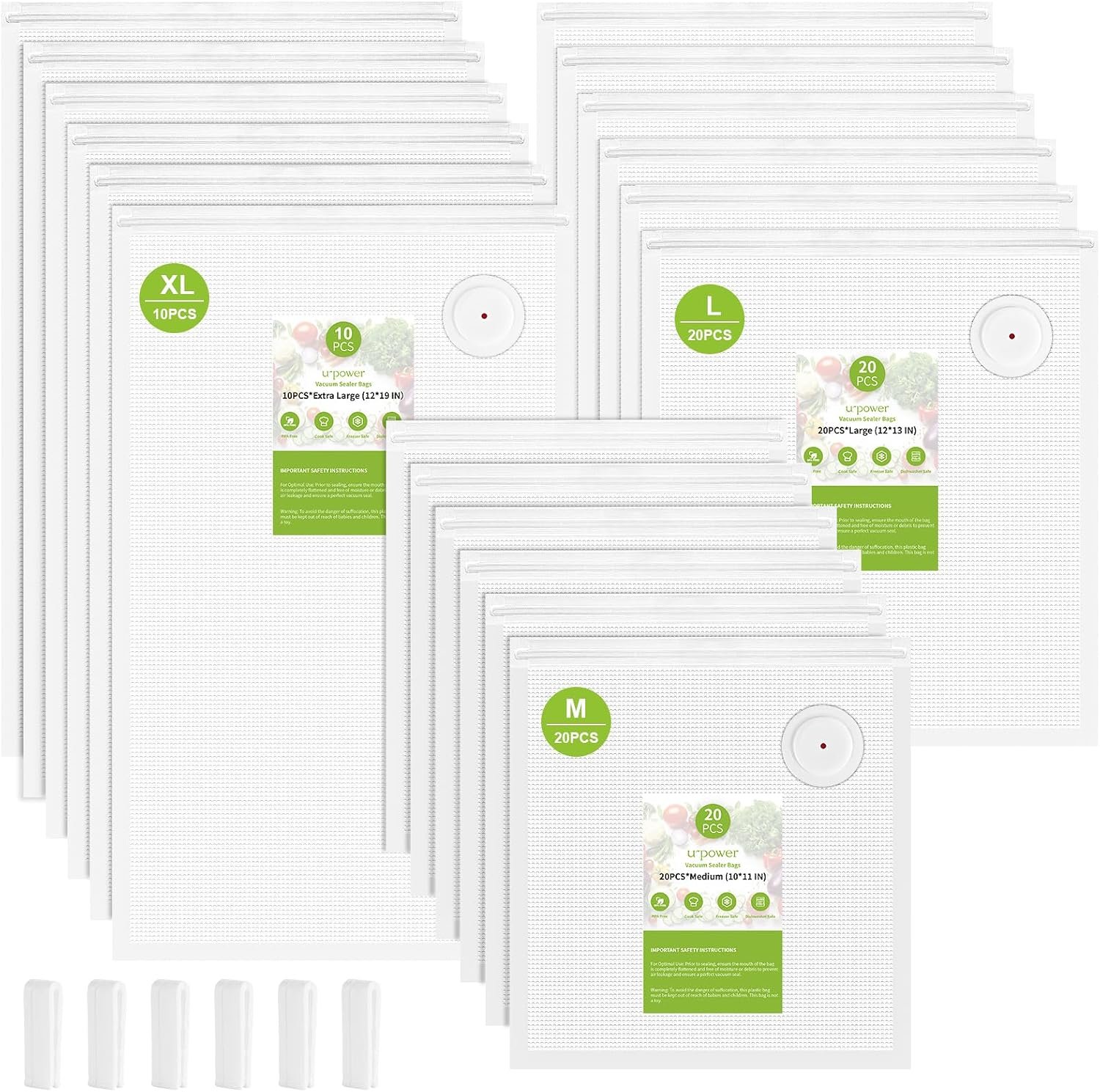 URPOWER Reusable Vacuum Sealer Bags for Food Storage, 50 PCS with 6 Clips | 12×19”(XL, 10PCS) 12×13”(L, 20PCS) 10×11”(M, 20 PCS) Multi-Size Vacuum Seal Bags for Sous Vide, Freezer and Microwave Use