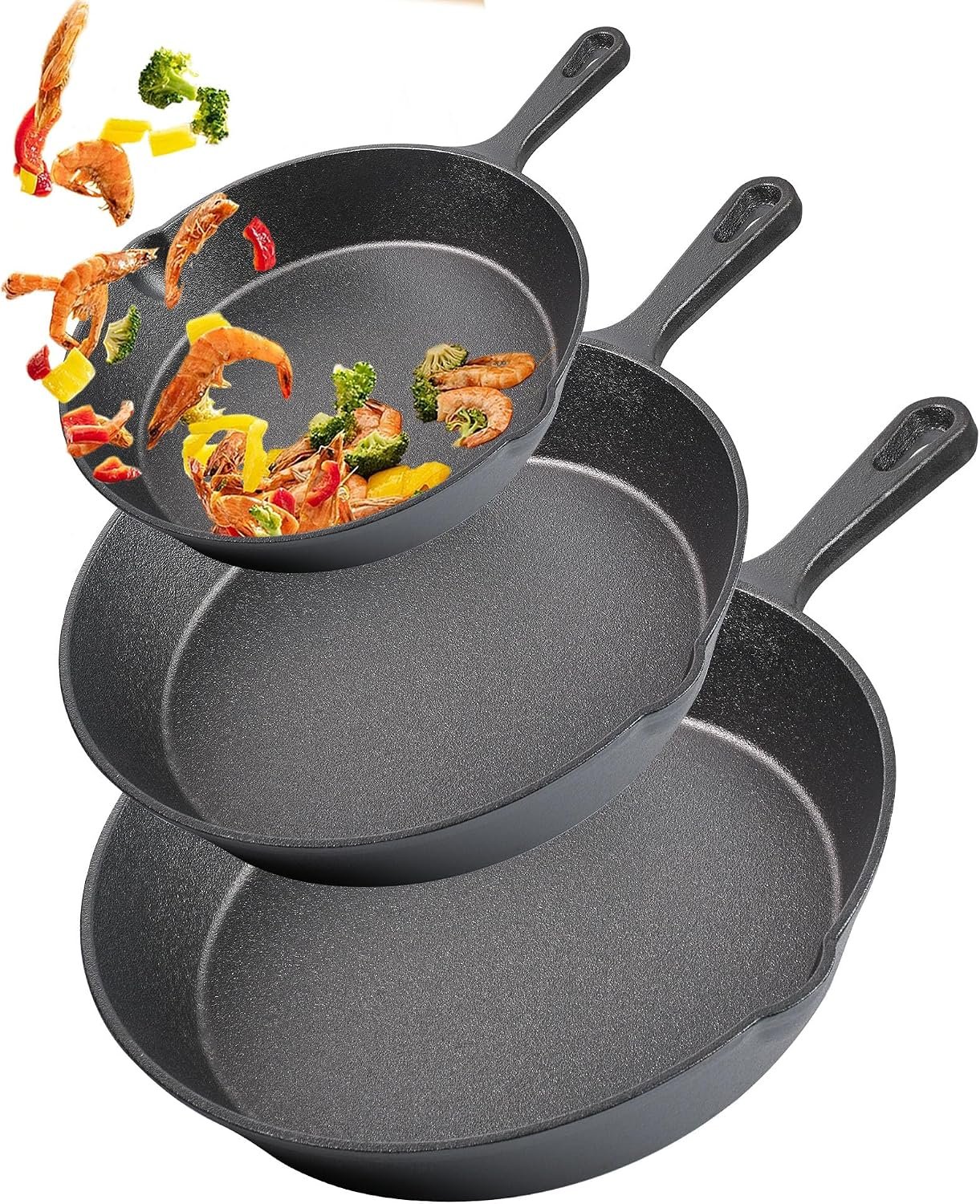 Vivicreate Cast Iron Skillet Pan Set of 3 – Pre-Seasoned Sartenes de Hierro Fundido – 6″, 8″, 10″ Frying Pans for Stove, Oven, Grill – Heavy Duty Sartén Hierro Fundido Cookware Set