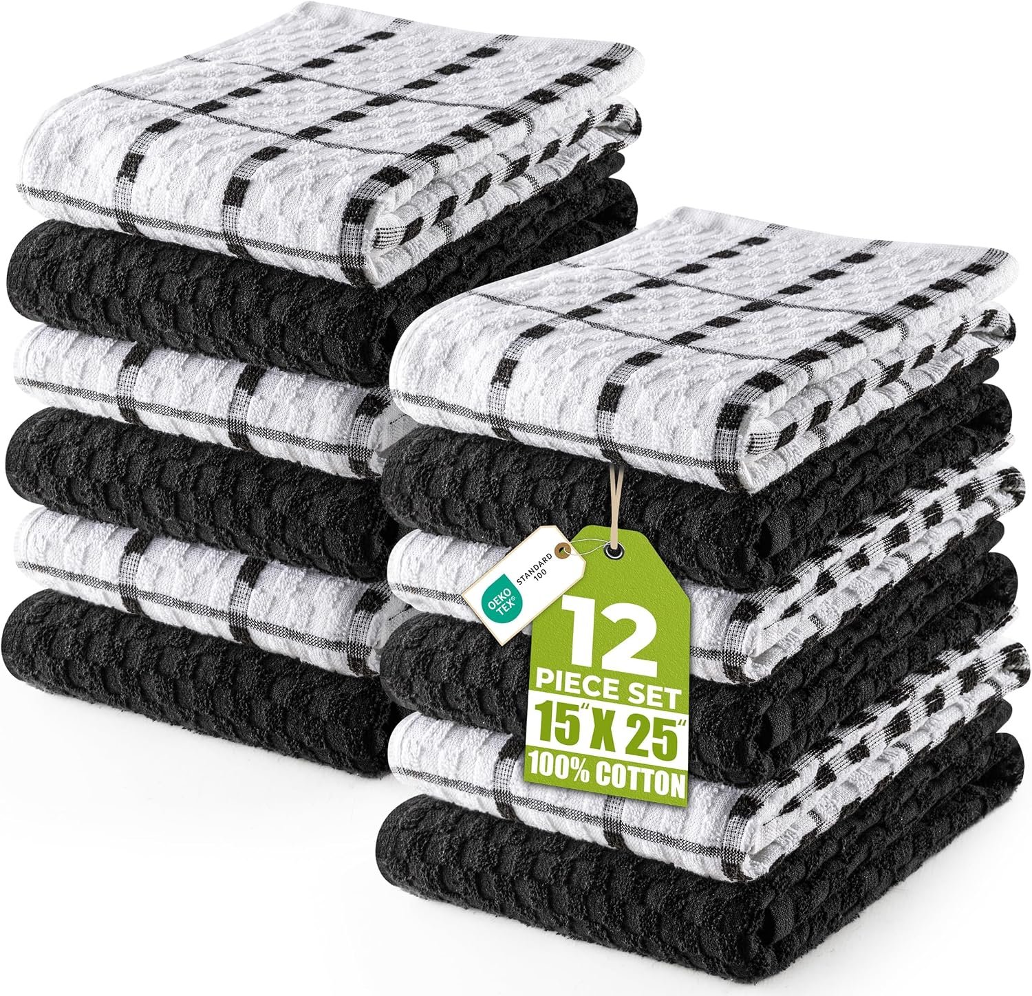 Utopia Towels Kitchen Towels 12 Pack 15×25 Inch Ring Spun Cotton Black | Super Soft, Absorbent, Tea and Bar Towel Set, Linen Dish Towels, Multipurpose Kitchen Use