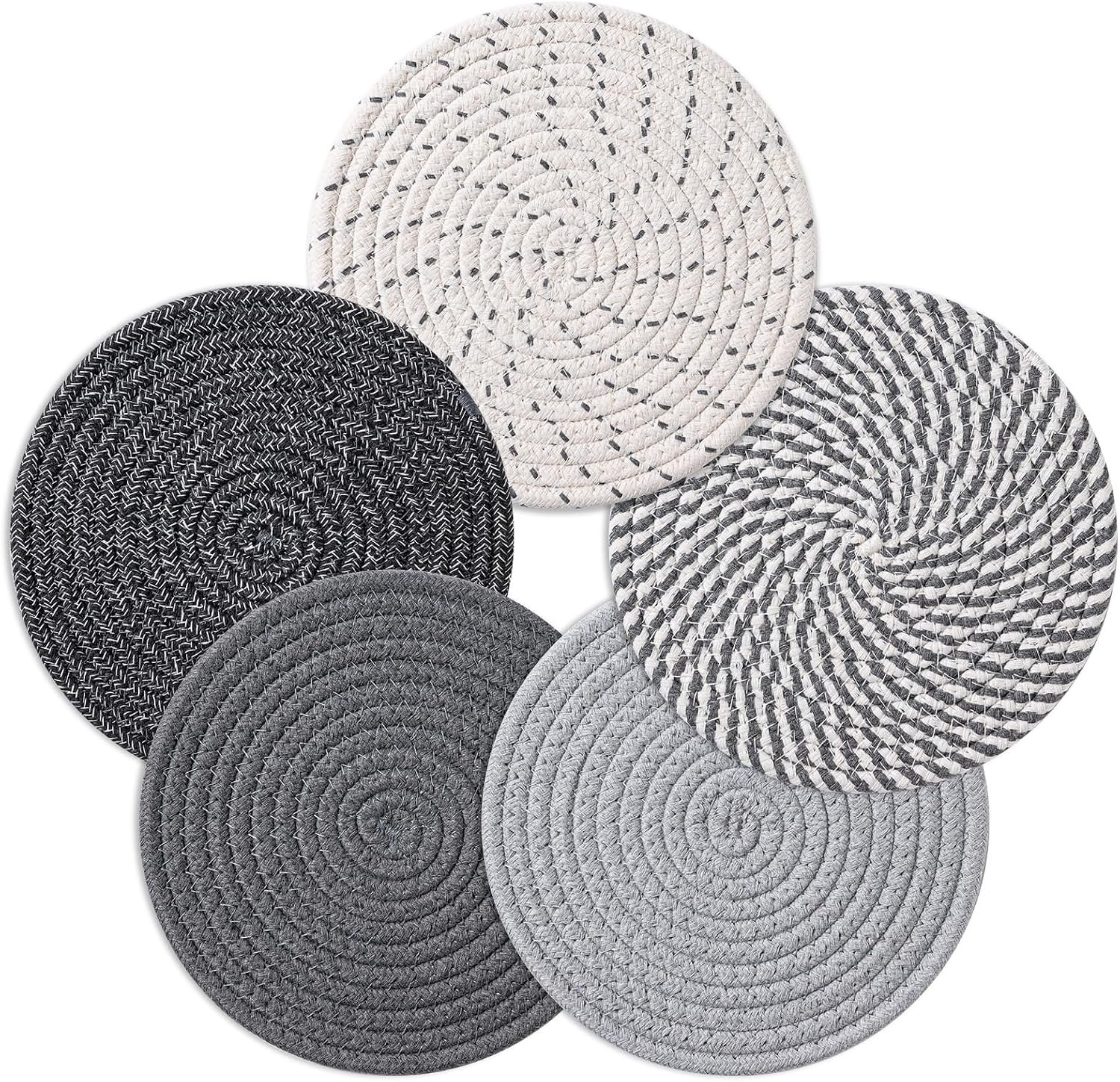 7 Inch Trivets for Hot Dishes, Pot Holders for Kitchen, Hot Pads, Coasters | 5 Pcs, Heat Resistant, 100% Pure Cotton Thread Weave, Hot Mats for Countertop and Table, Kitchen Essentials, Home Decor, Gray