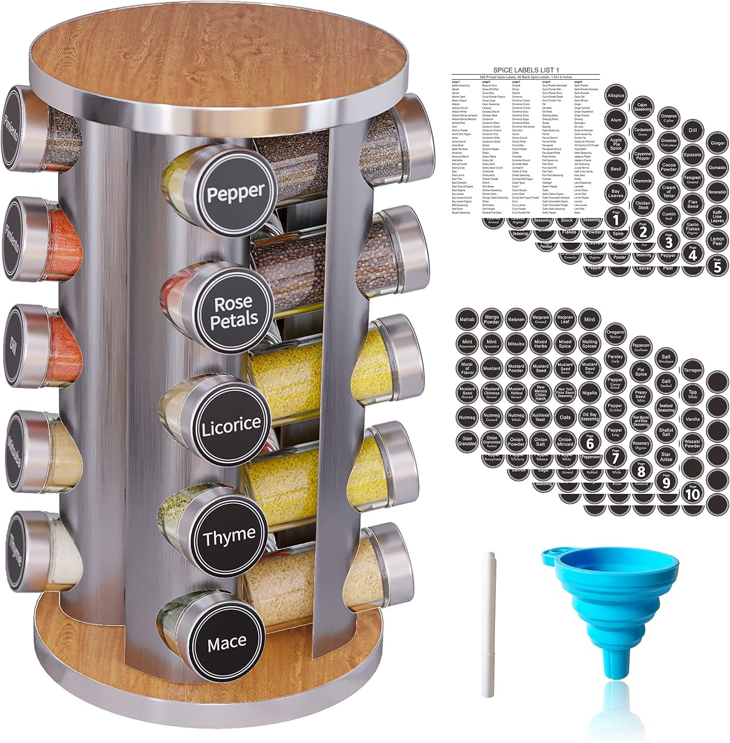 Revolving Spice Rack Set with 20 Spice Jars, Kitchen Spice Tower Organizer for Countertop or Cabinet — Carousel Storage Includes 386 Spice Labels — Desktop Rotating Seasoning Organizer