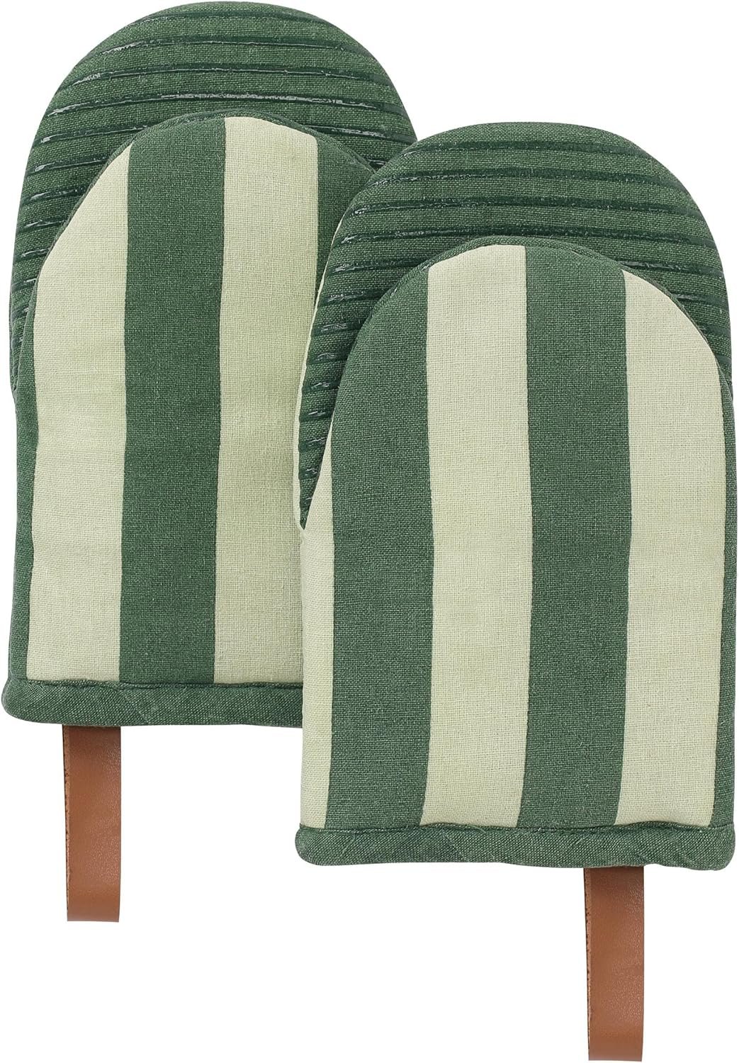 Folkulture Oven Mitts, Matcha Green, Set of 2, Heat Resistant – (5.75″x9″) | 100% Cotton, Non Slip, Silicone, Cute Striped Mini Mits with Hanging Loop, Kitchen Décor, Cooking Gifts, New Home Essentials