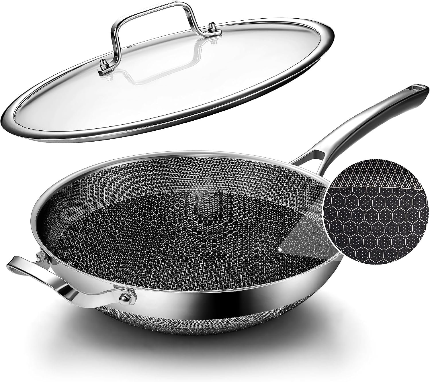 Wok Pan,12 Inch Hybrid Wok with Lid | Frying Pan Cookware, Stainless Steel Woks & Stir-fry Pans Nonstick, Dishwasher Safe, PFOA Free, Compatible with All Cooktops