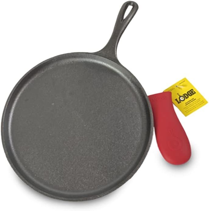 Lodge Round Seasoned Cast Iron Griddle with Red Silicone Handle Holder – Heavy Duty Flat Cooking Pan for Breakfast Favorites & Everyday Cooking – 10.5 Inches