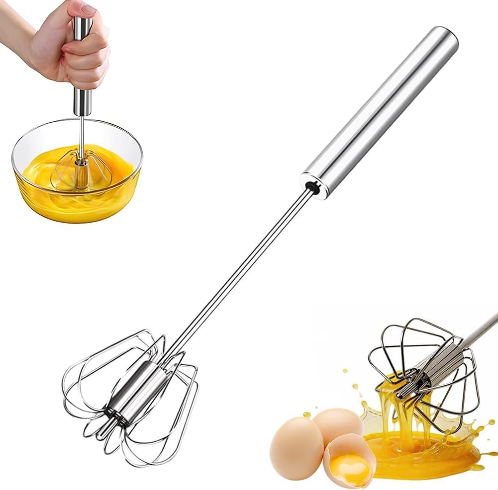 Stainless Steel Semi-Automatic Egg Whisk, Rotary Whisk Blender (10in) | Manual Egg Beater Mixer, Hand-pushed Kitchen Whisk for Eggs, Cream, Batter, Sauce Mixing Tool
