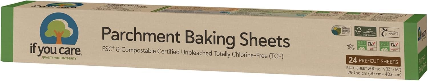 If You Care, Parchment Baking Sheets, 24 Count | Non-stick, no greasing. Totally chlorine-free, FSC-certified & home compostable. Oven safe to 428°F. Fits 13×16 pans.