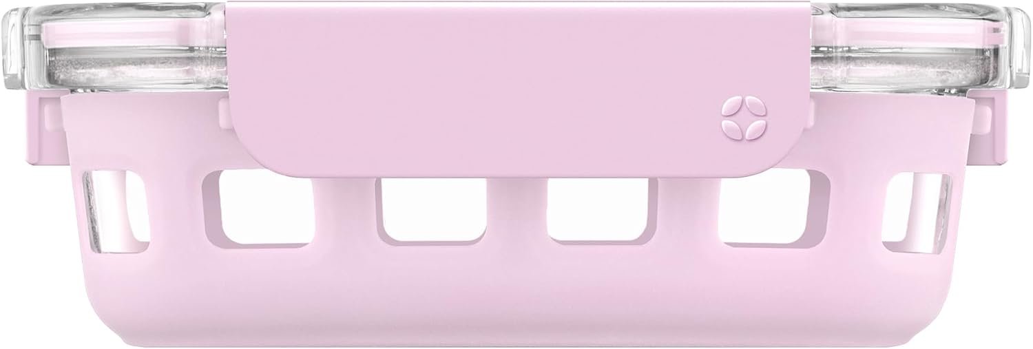 Ello Duraglass 1.75 Cup Glass Meal Prep Container with Lid, Pink Cashmere | 1.75 cup glass meal prep container with silicone sleeve, leakproof BPA-free lid, microwave, freezer and dishwasher safe