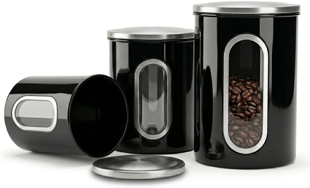 Mixpresso 3-Pcs Black Canisters Set for Kitchen Storage Airtight Jars | See-through window, coffee container, tea organizer, sugar canister, 3 nesting sizes, counter decor, easy press-on lids