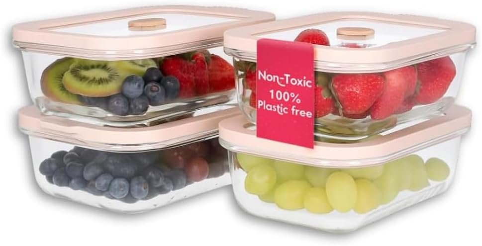 Non-Toxic Glass Food Containers with Lids, 4-Pack, 21 oz, Airtight, Beige | Plastic & BPA free. Glass body, glass lid & platinum silicone seal. Airtight & leakproof. Freezer & microwave safe.