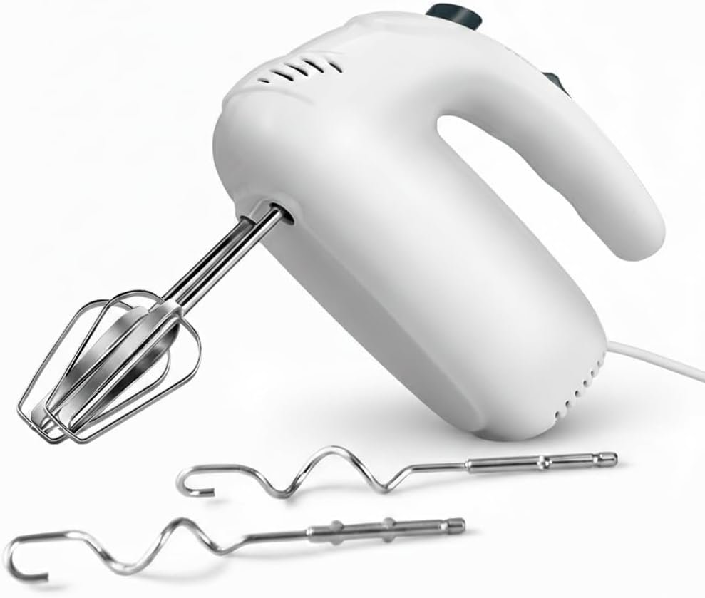 300W Hand Mixer Electric Handheld, 5 Speed Lightweight Kitchen Blender, Turbo Boost/Self-Control Speed Hand Held Beater Mixer with 4 Stainless Steel Whisks for Baking Cakes Eggs Cream, White
