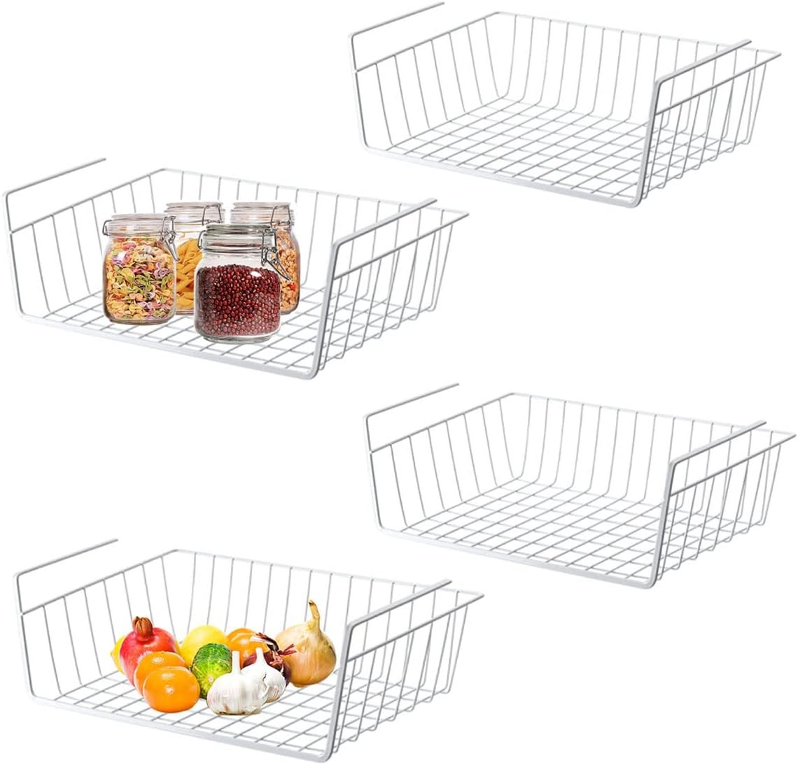 Under Shelf Storage Basket, Hanging Shelf Basket Slides Under Shelves for Storage Metal Under Cabinet Shelf Basket Organizer for Kitchen Pantry Desk Bookshelf (White Pack of 4)
