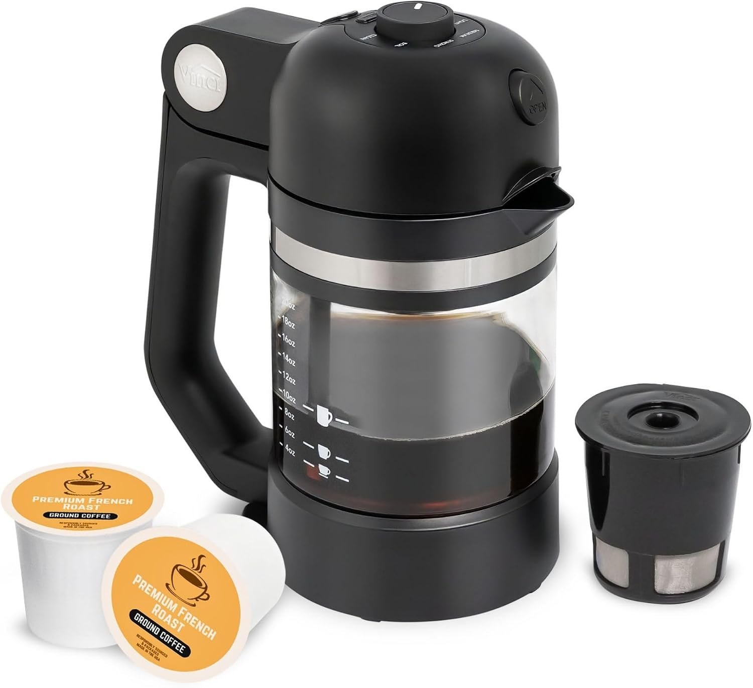 Vinci Micro Cafe Single Serve Glass Coffee Maker, Compact Brewer (Black) | Smallest Single Serve Brewer, For Pods & Ground Coffee, 4–20 oz Brews, Bold & Boil Modes, Reusable Filter Cup, Glass Carafe