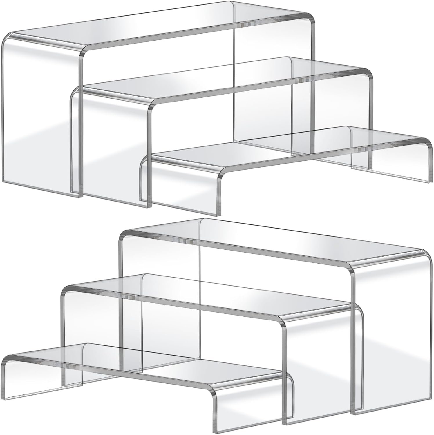 FUNFERY Acrylic Display Risers, 2 Set(7.8″ L~8.2″ L~8.6″ L) Display Shelf | Acrylic Stand for Cupcake, Clear Acrylic Stands for Dessert, Jewelry, Candy Showcase, 3 Tier Action Figure Stand