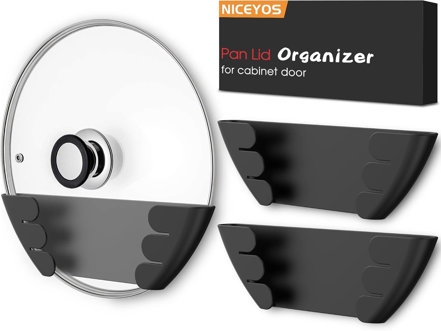 Universal Pot Lid Organizer for Cabinet – Upgraded Patented Niceyos 3 Pack Inside Cabinet Door Wall Mount Pan Top Storage Organizer Rack Holder for Kitchen, Fits 6″ to 13″ (Black)