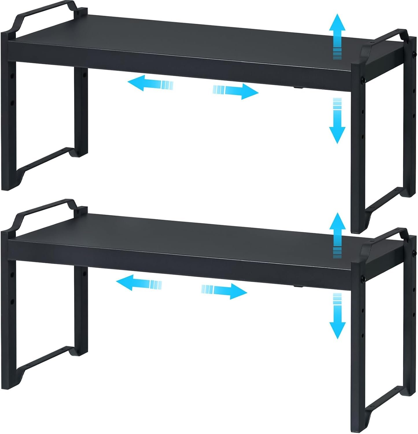 X-cosrack 25.5 Inches 2 Pack Expandable Cabinet Shelves, Stackable Shelf Organizer for Kitchen Cabinet Countertop Storage, Adjustable Counter Cupboard Pantry Organizer Shelf Rack Stand Riser, Black