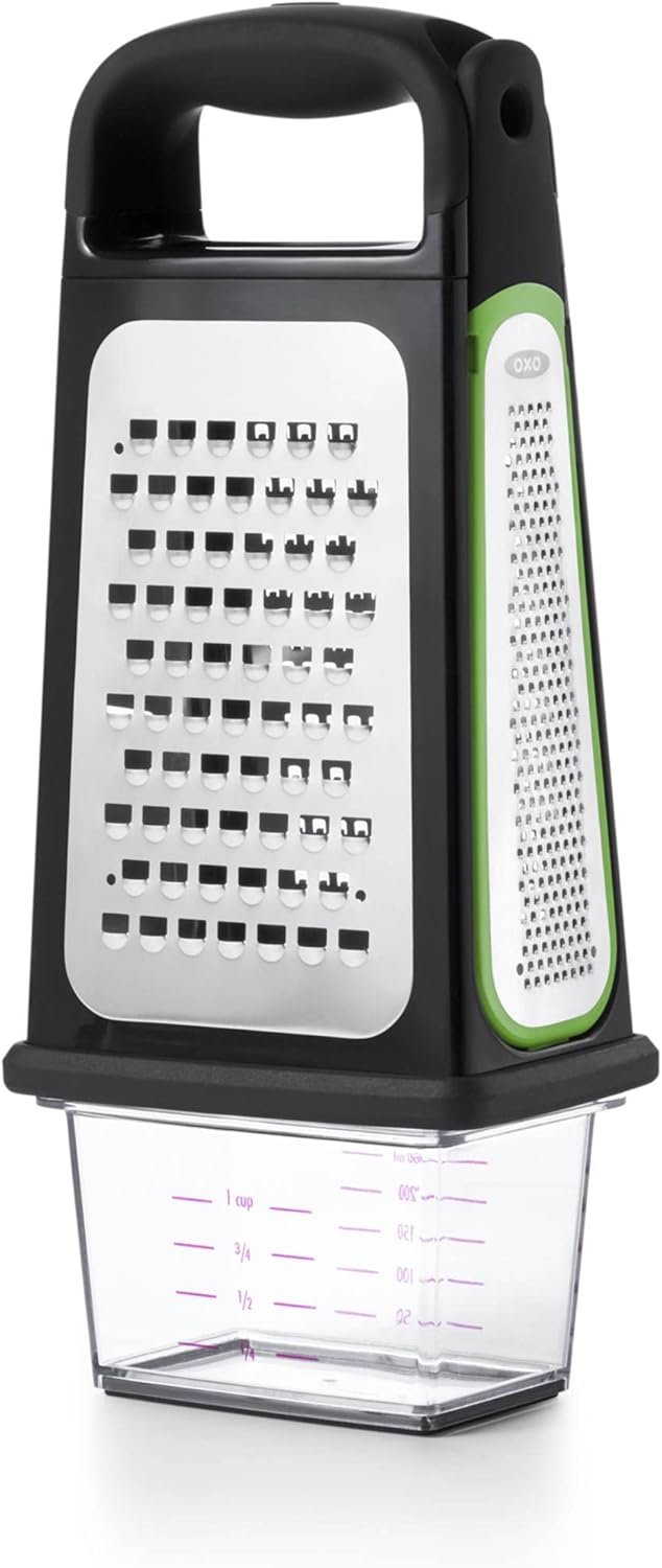 OXO Good Grips Etched Box Grater with Removable Zester | Ideal for Grating Cheese or Zesting Fruits | Storage Container Included | 4 Sided Grater | Comfortable Handle