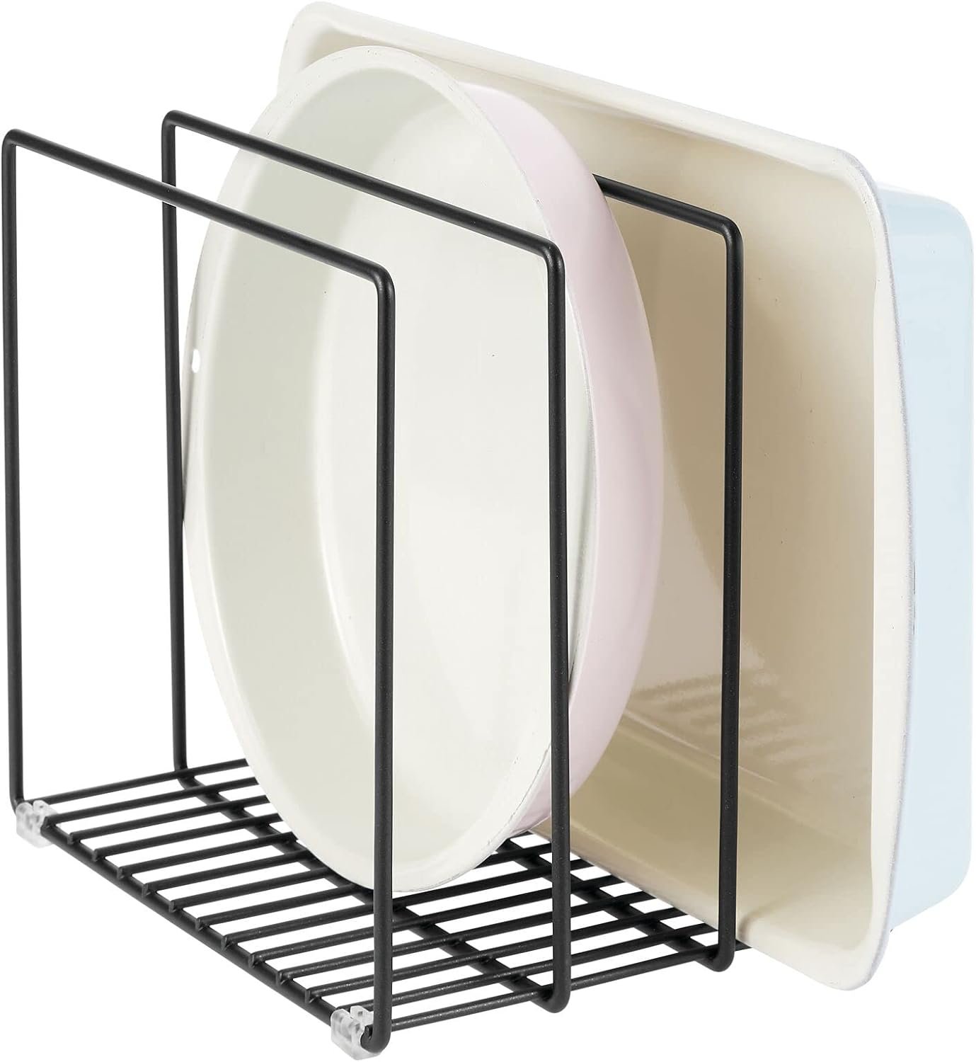mDesign Steel Storage Tray Organizer Rack for Kitchen Cabinet – Divided Holder with 3 Slots for Skillets, Frying Pan, Pot Lids, Cutting Board, Baking Sheets – Concerto Collection – Black