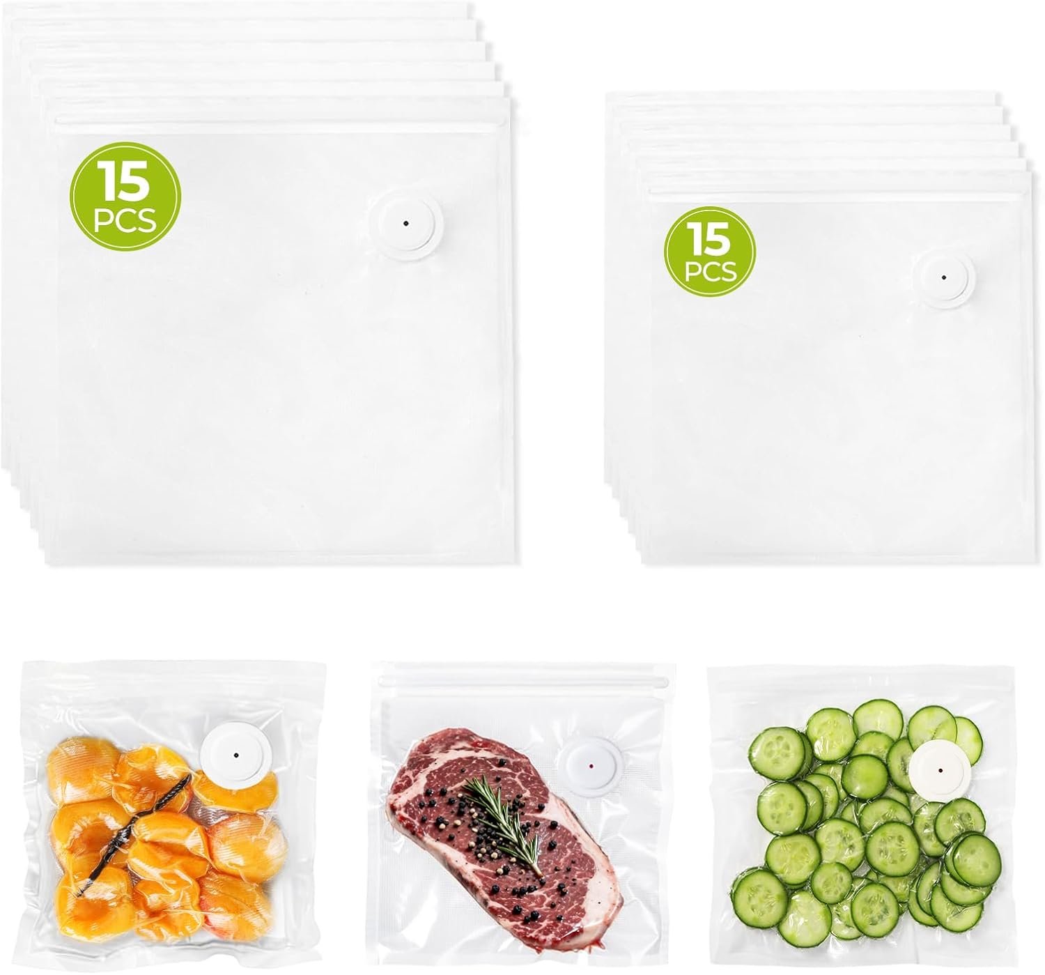 Reusable Vacuum Sealer Bags for Food, 30 BPA-Free Food Storage Bags | 2 Sizes, Double-Zip Valve Design, Leak-Resistant, Odor-Resistant, Freezer Storage For Meal Prep, Leftovers And Sous Vide