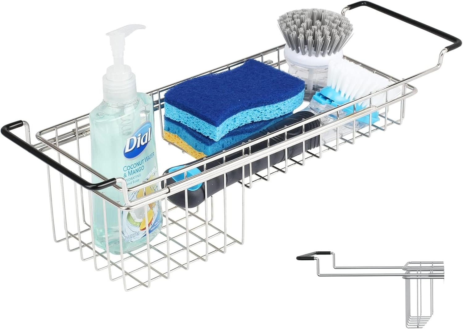 TreeLen Over The Kitchen Sink Caddy Sponge Holder Organizer Drying Rack Expandable for Sponge Brush Soap 13.8″ to 20.8″, Stainless Steel