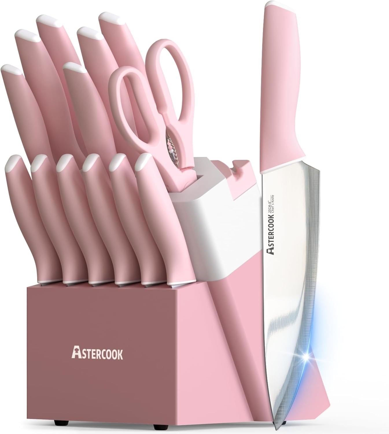 Astercook Knife Set, Kitchen Knives Set with Block and Sharpener 15 Pcs German Stainless Steel Knives Sharp Blade Dishwasher Safe Deba Knives with Ergonomic Handle, Crystal Pink