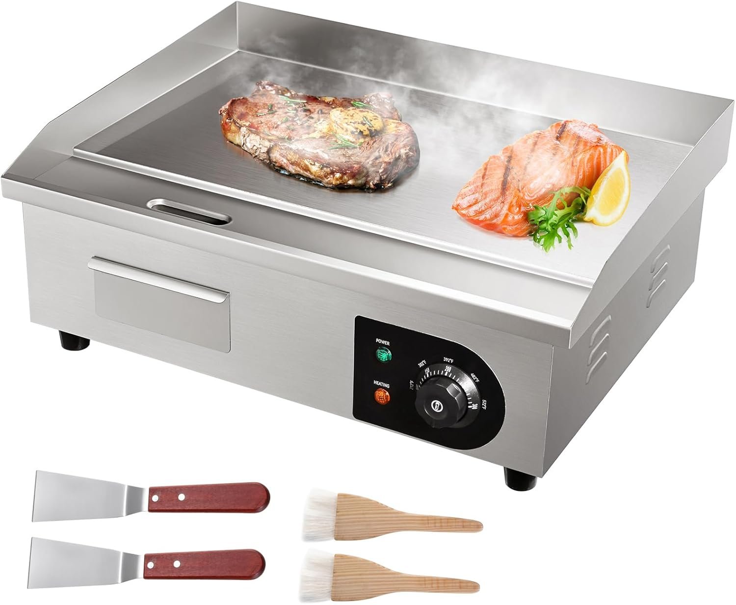 VEVOR Commercial Electric Griddle, 22″, 1600W Countertop Flat Top Griddle, Stainless Steel Teppanyaki Grill w/Iron Cooking Plate, 122-572℉ Adjustable Temp Control 2 Shovels & Brushes, 110V