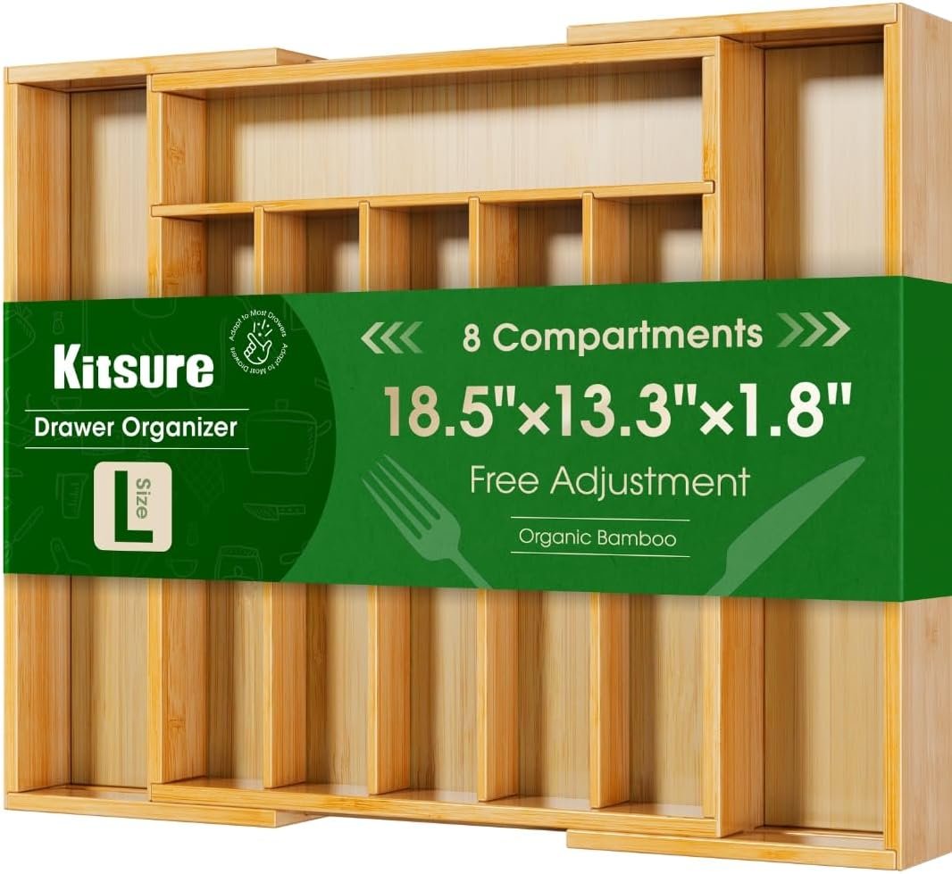 Kitsure Silverware Organizer, Bamboo Kitchen Drawer Tray, Natural, Large | Expandable Drawer Kitchen Organizer, Cooking Utensils & Cutlery, Sturdy & Thickened Design, Storage Solution