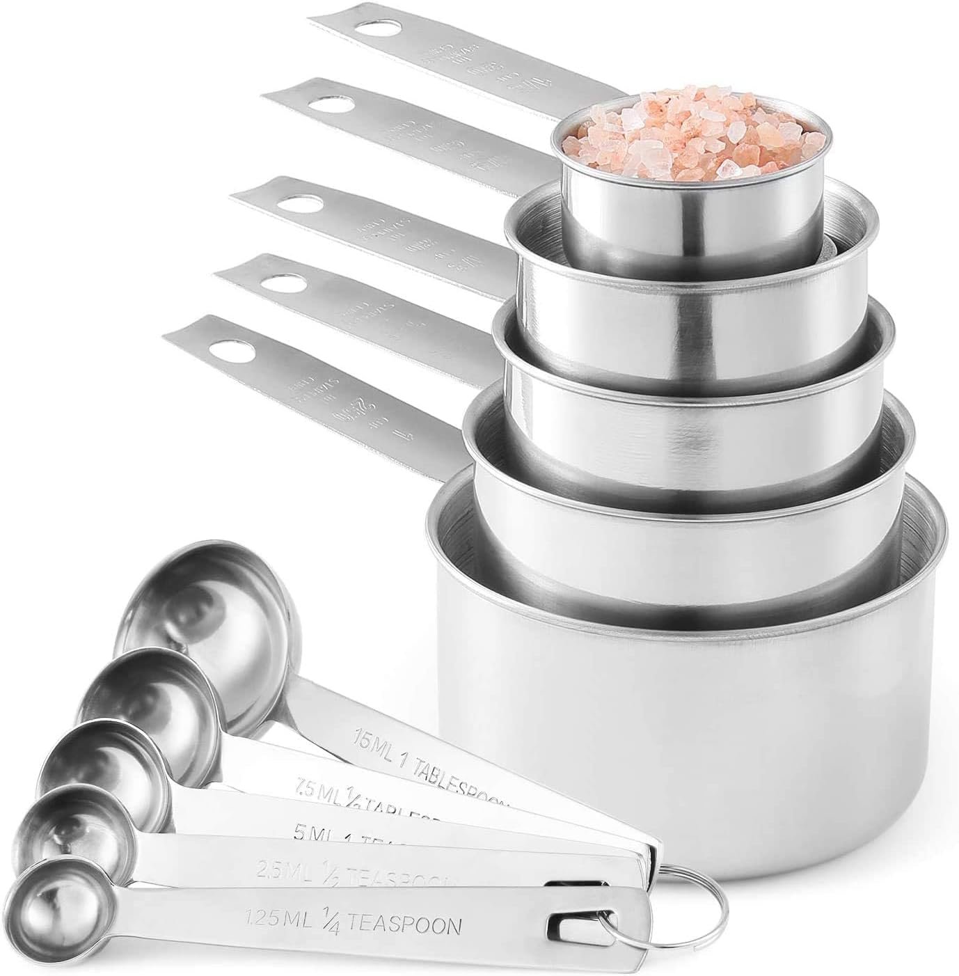 Laxinis World Stainless Steel Measuring Cups and Spoons Set, 10-Piece | Satin-brushed Steel, Engraved Metric and US Standard Markings, Elongated Handles, Nesting Ring Storage, and Dishwasher Safe