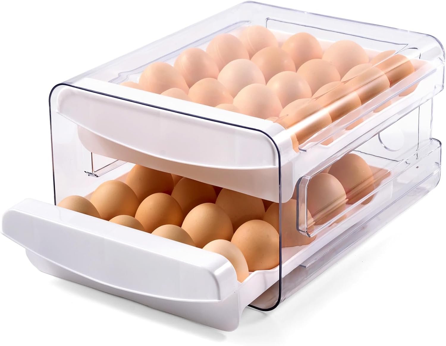 Luckore 2 Tier Egg Holder for Fridge Container for 40 Eggs with Drawer | Clear Stackable Egg Organizer Holder Tray for Fridge, Storage Container with Handles for Refrigerator, Countertop