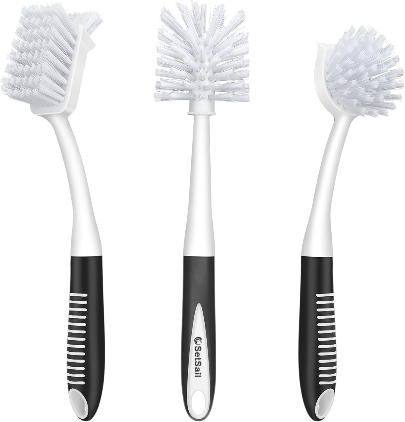 SetSail Dish Brush Set of 3 with Bottle Brush, Dish Scrub Brush with Long Handle Deep Cleaning Handle Brush with Scraper Tip for Kitchen Sink Dishes Bottle Cup Pot and Pans Tile Lines, Black | Built-In Scraper Tip, Non-Slip Rubber Handle, Pet Stiff Bristles. Hanging Loop for Storage. for Dishes Pots, Pans, Bottles