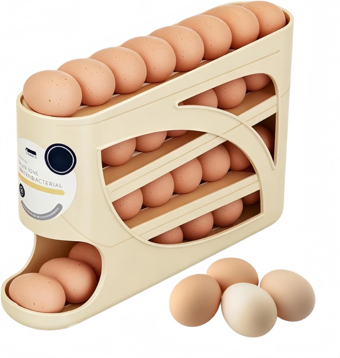 Automatic Egg Dispenser for Refrigerator, 4-Tier Rolling Egg Holder, Space-Saving Kitchen Egg Storage Organizer, Holds Up to 30 Eggs, Countertop Egg Container