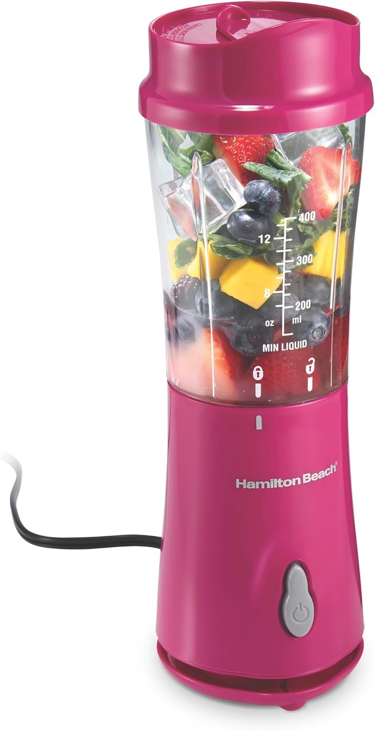 Hamilton Beach Portable Blender for Smoothies With 14 oz. Travel Jar | BPA Free Jar & Lid | Durable Stainless Steel Blades | 300 Watts Peak Power | Personal Smoothie Blender | Raspberry | 51131G