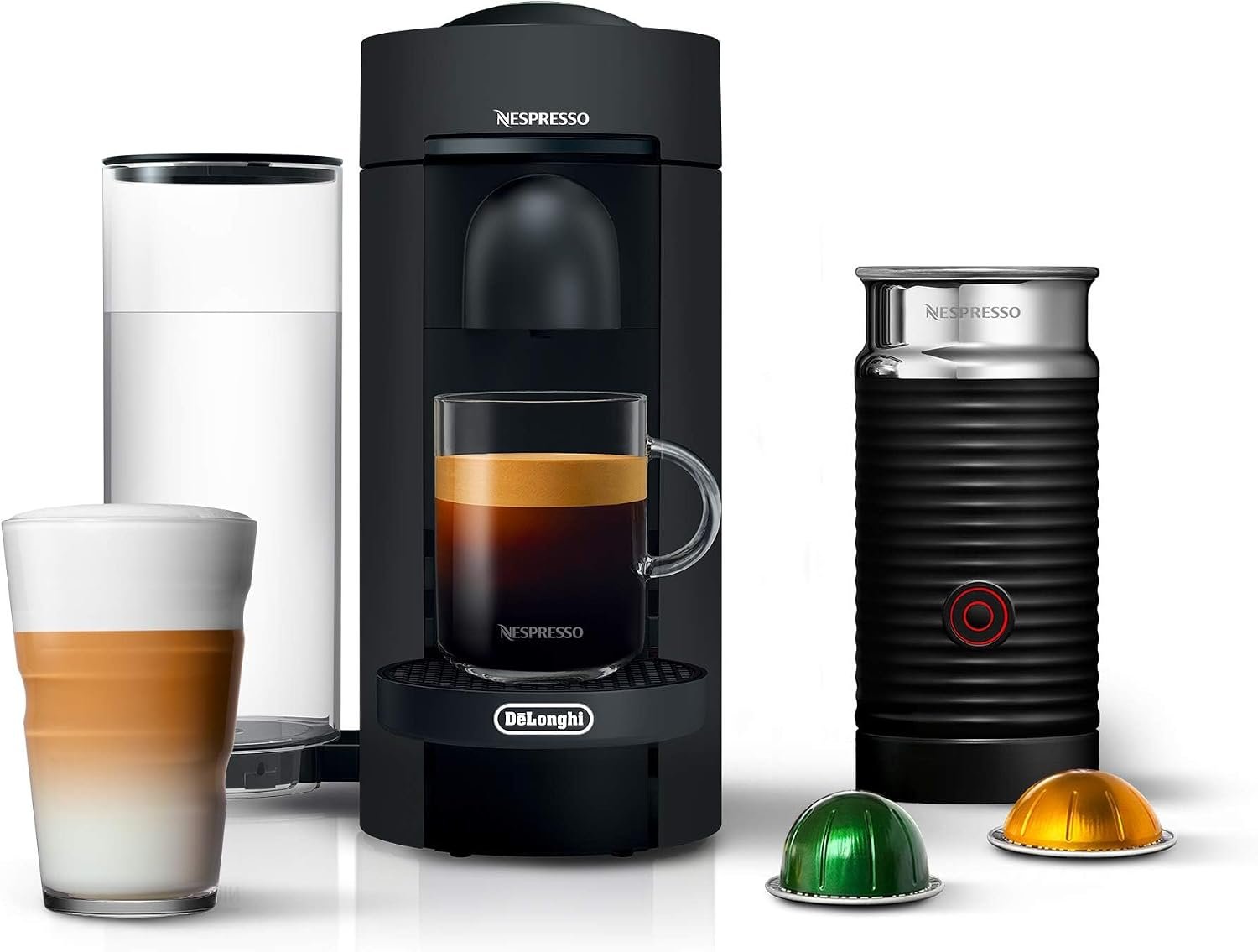Nespresso Vertuo Plus Deluxe Coffee Machine with Milk Frother, Matte Black | Matte coffee and espresso maker by De’Longhi, brews 4 cup sizes. Aeroccino3 frother bundle for hot or cold milk foam drinks.