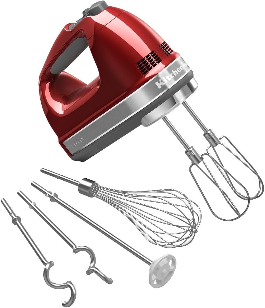 KitchenAid 9 Speed Hand Mixer, KHM926, Candy Apple Red | 9 Speeds, Pro whisk attachment, Stainless Steel Turbo Beater II for ideal mixing, dough hook, Dishwasher-safe accessories