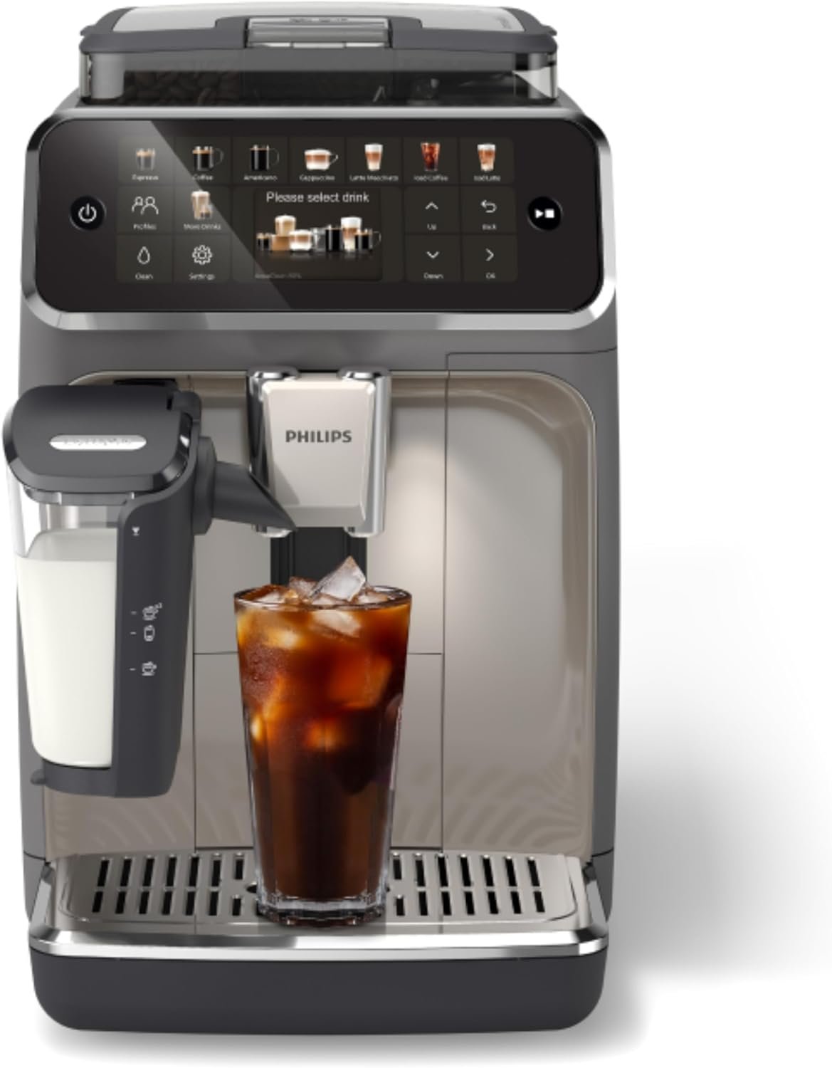 PHILIPS 5500 Series Fully Automatic Espresso Machine, LatteGo Milk System, Integrated Grinder, 20 Hot & Iced Coffee Pre-Sets, Quick Start, SilentBrew, 15-Bar Pressure, Black Chrome (EP5544/94) | LatteGo Milk System, Integrated Grinder, 20 Hot & Iced Coffee Pre-Sets, Quick Start, SilentBrew