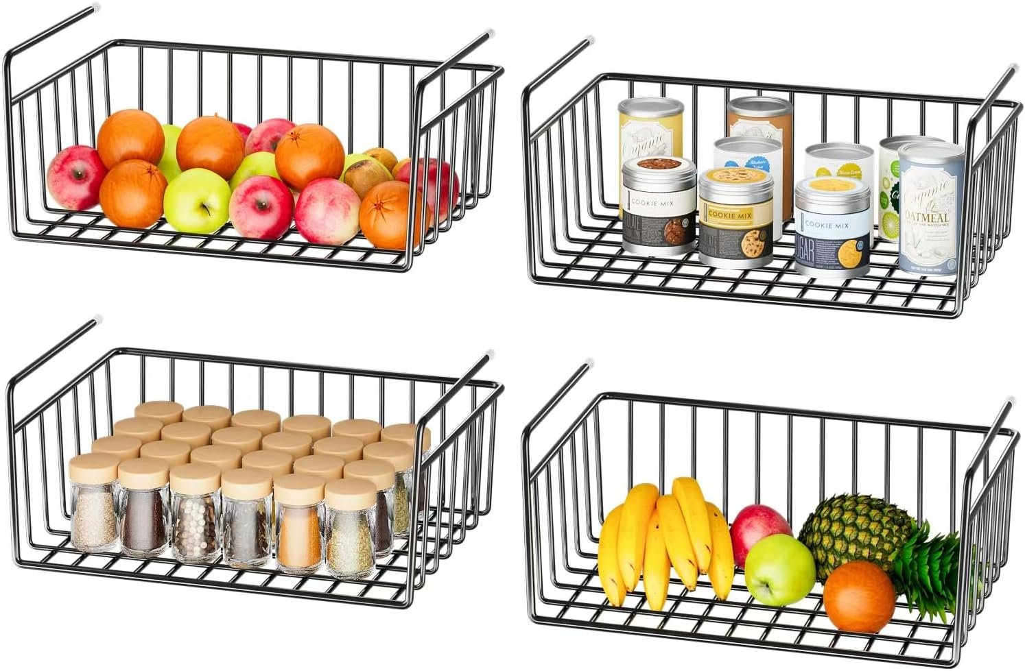 SUFAUY 4-Pack Under Cabinet Shelf Basket, Wire Shelves for Storage for Kitchen Pantry, Black