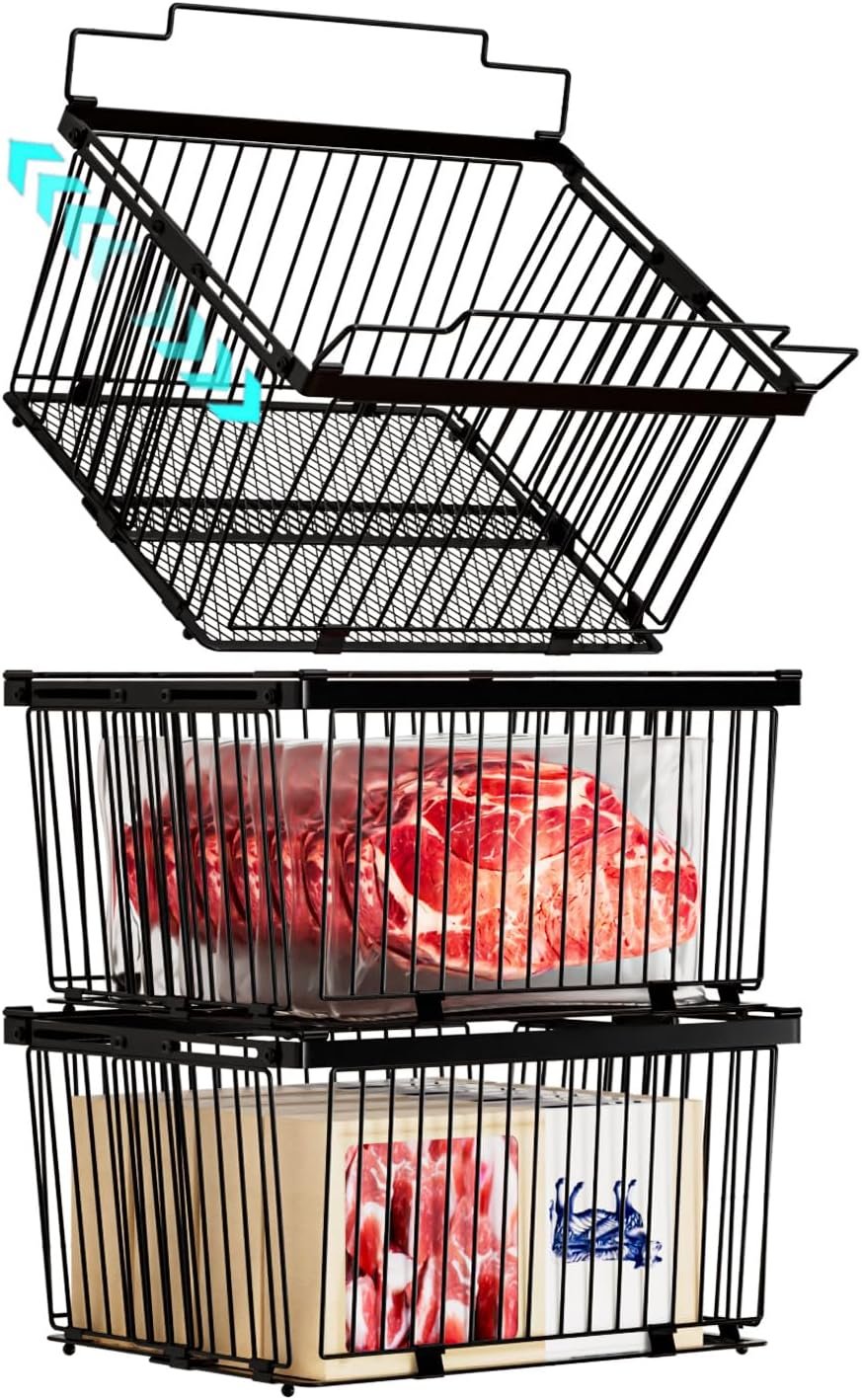Large Freezer Organizer Bins for 5 to 9 Cu.Ft,Leak-Proof Bottom，3 Pack | ANJUBANFreezer Organizer Bins, Stackable,expandable,foldable,With handle Wire Storage Container Baskets for Sort Frozen Meats