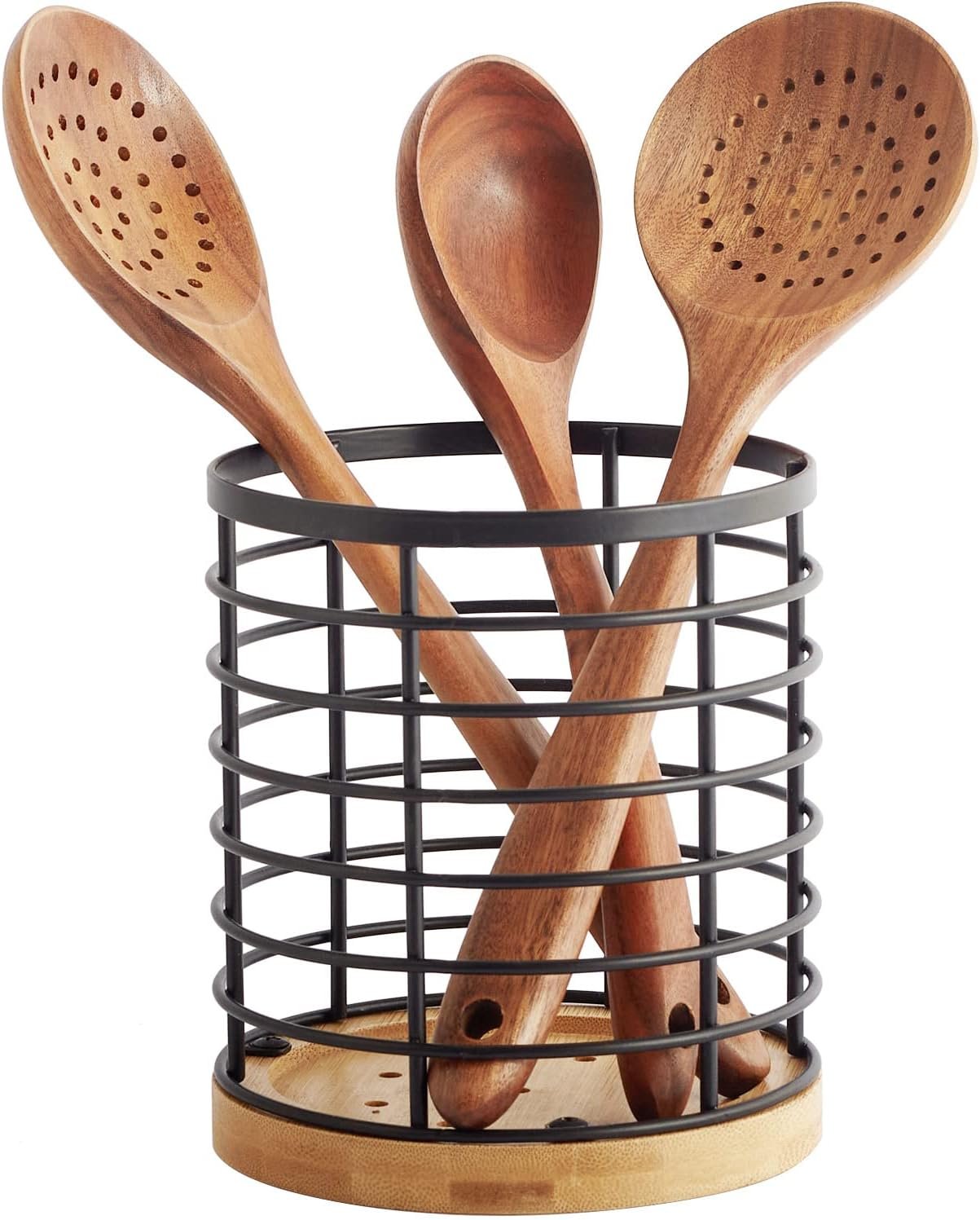 WDT Tool Utensil holder for Kitchen Counter – 5.2″ x 5.2″ x 6″ Large Round with Wooden Base Matte Black Cooking Utensil Holder Utensil Organizer (Metal+Bamboo)