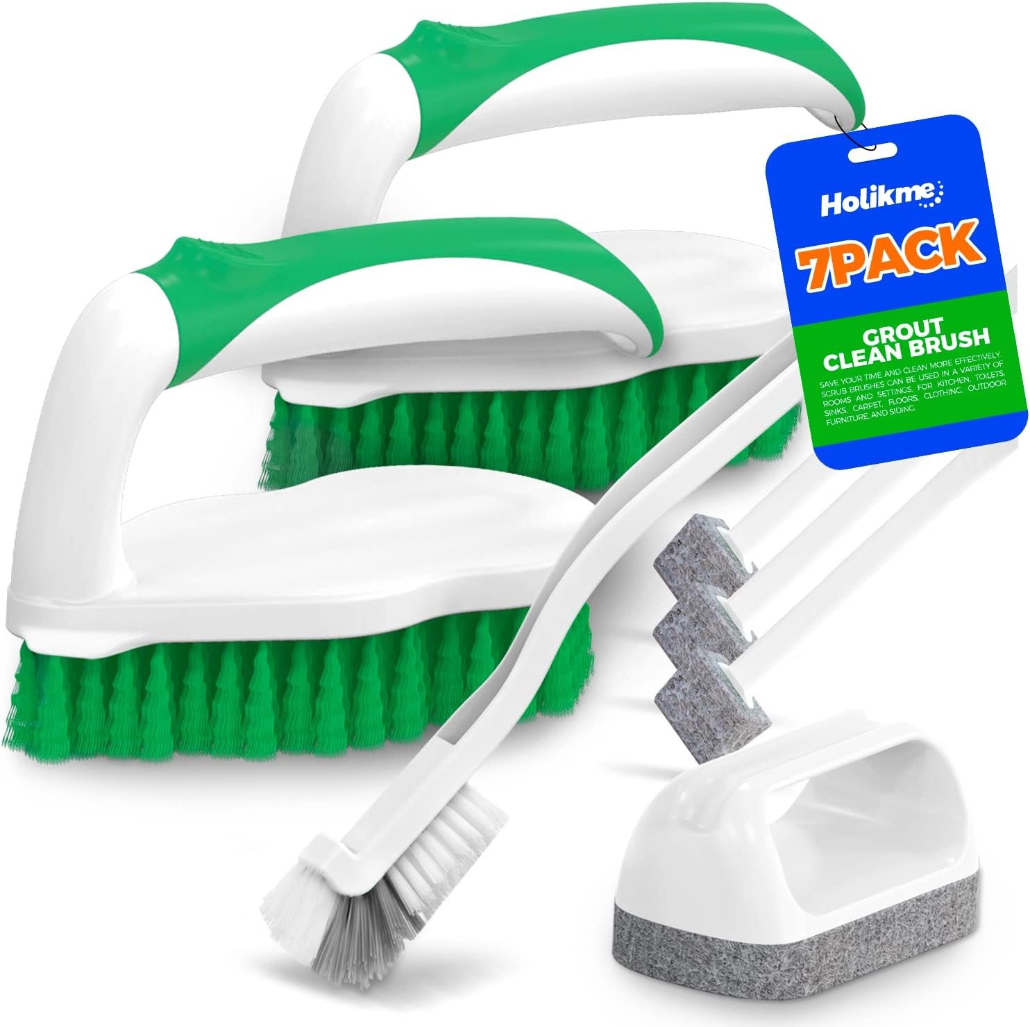 Holikme 7 Pack Cleaning Brush Scrub Brush Kitchen Brush for Floor,Green | Deep Cleaning Brush Set, Scrub Pads with Scraper Tip for Pool Walls, Bathroom, Grout, Floor, Bike, Tub, Shower
