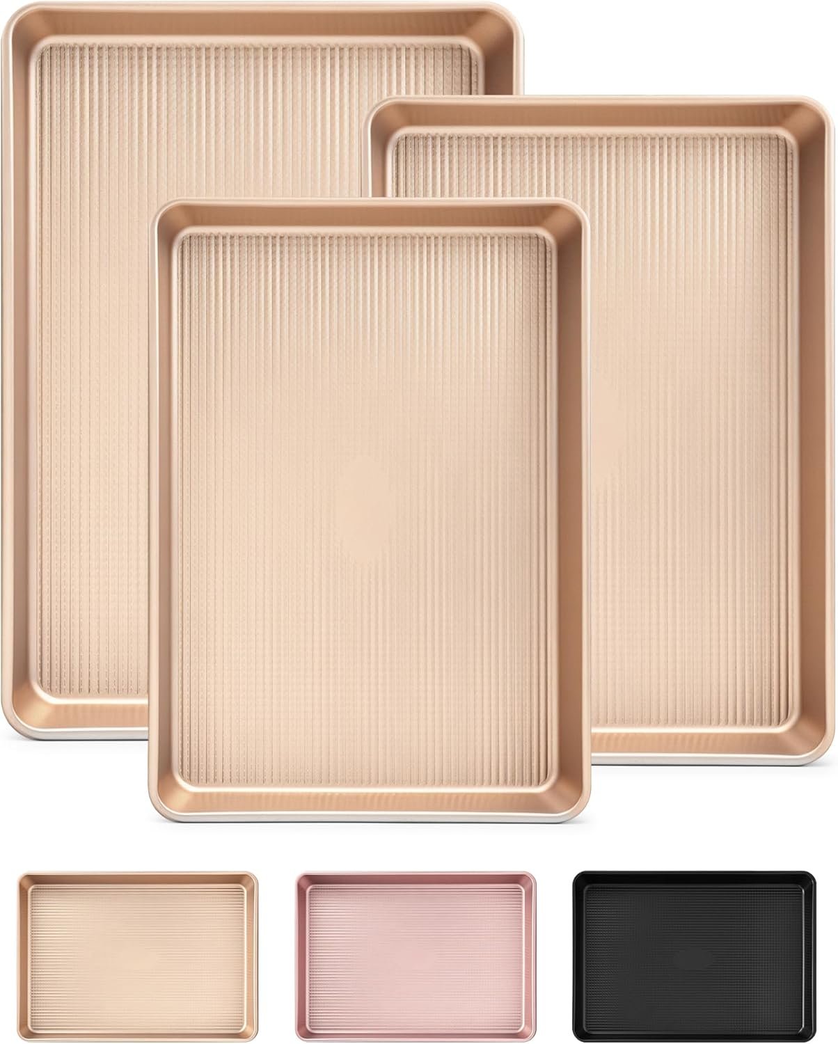 Saker 3-Piece Heavy Duty Carbon Steel Baking Sheets Set,Non-Stick Cookie | | Oven Safe, Even Heating, for Baking, Roasting, Cooking – Professional Grade (Champagne Gold)
